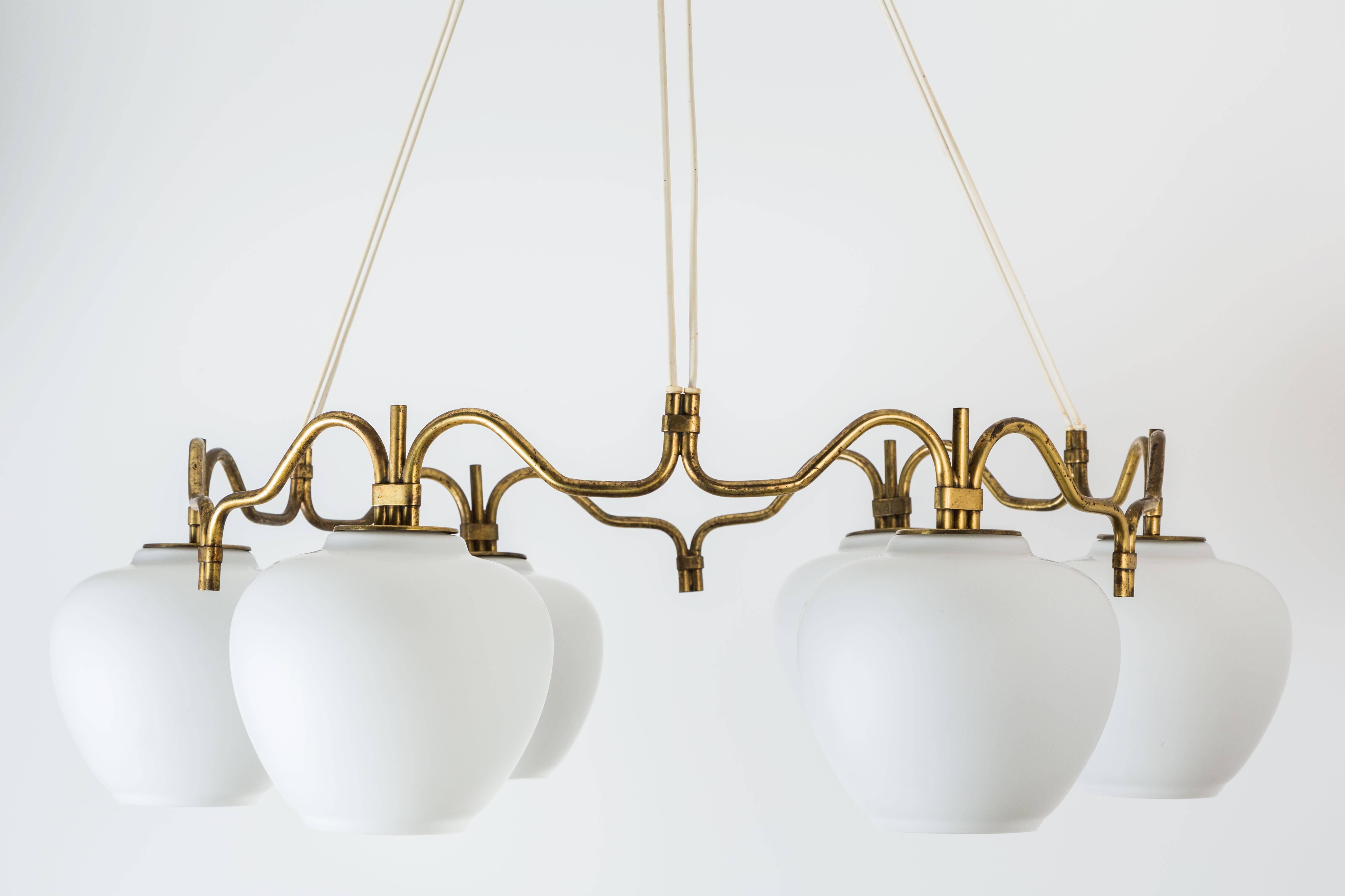 Six Globe Brass and Satin Glass Chandelier by Bent Karlby for Lyfa In Excellent Condition In Los Angeles, CA