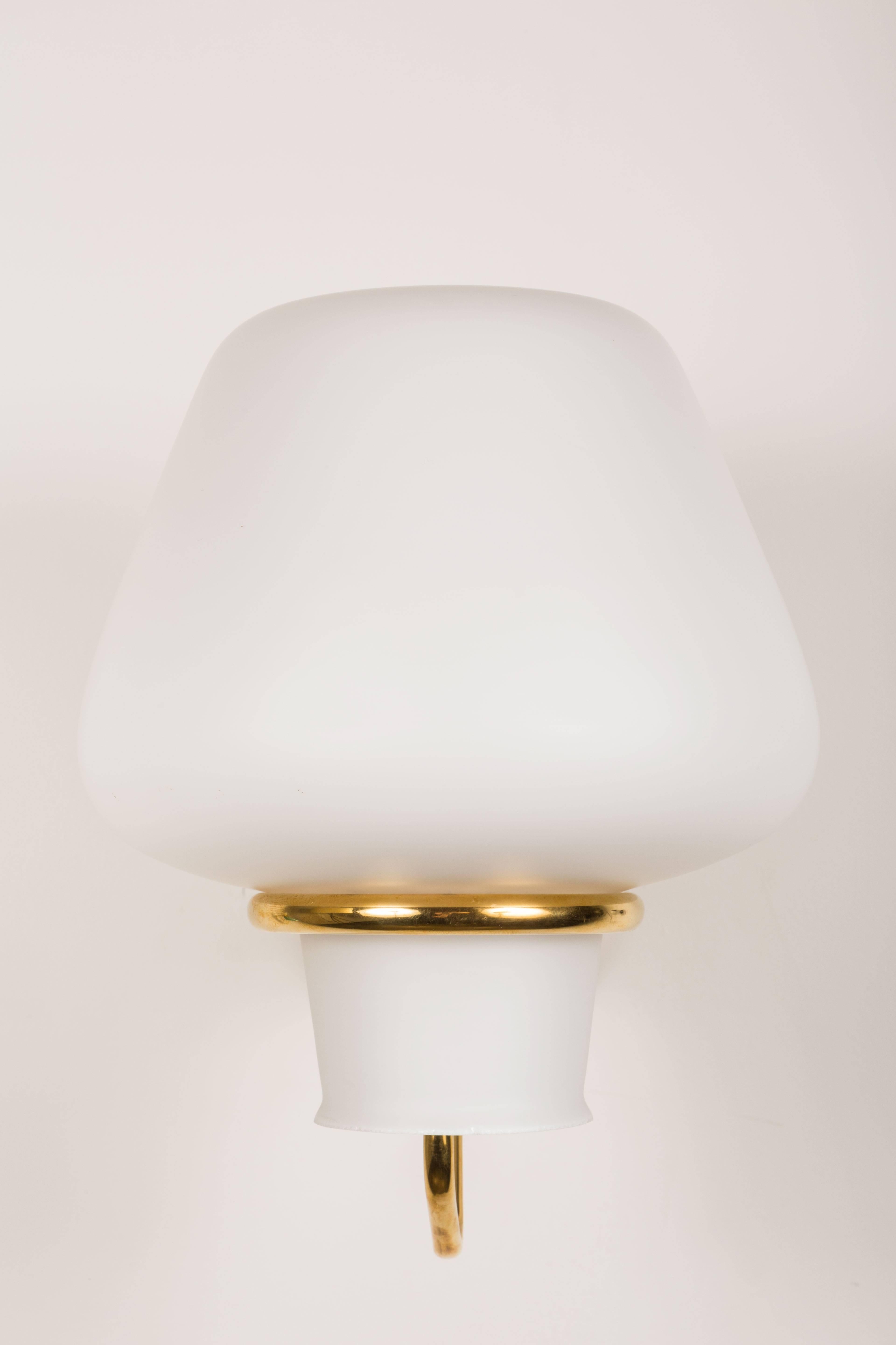 Swedish Pair of Brass and White Satin Glass Sconces by ASEA of Sweden