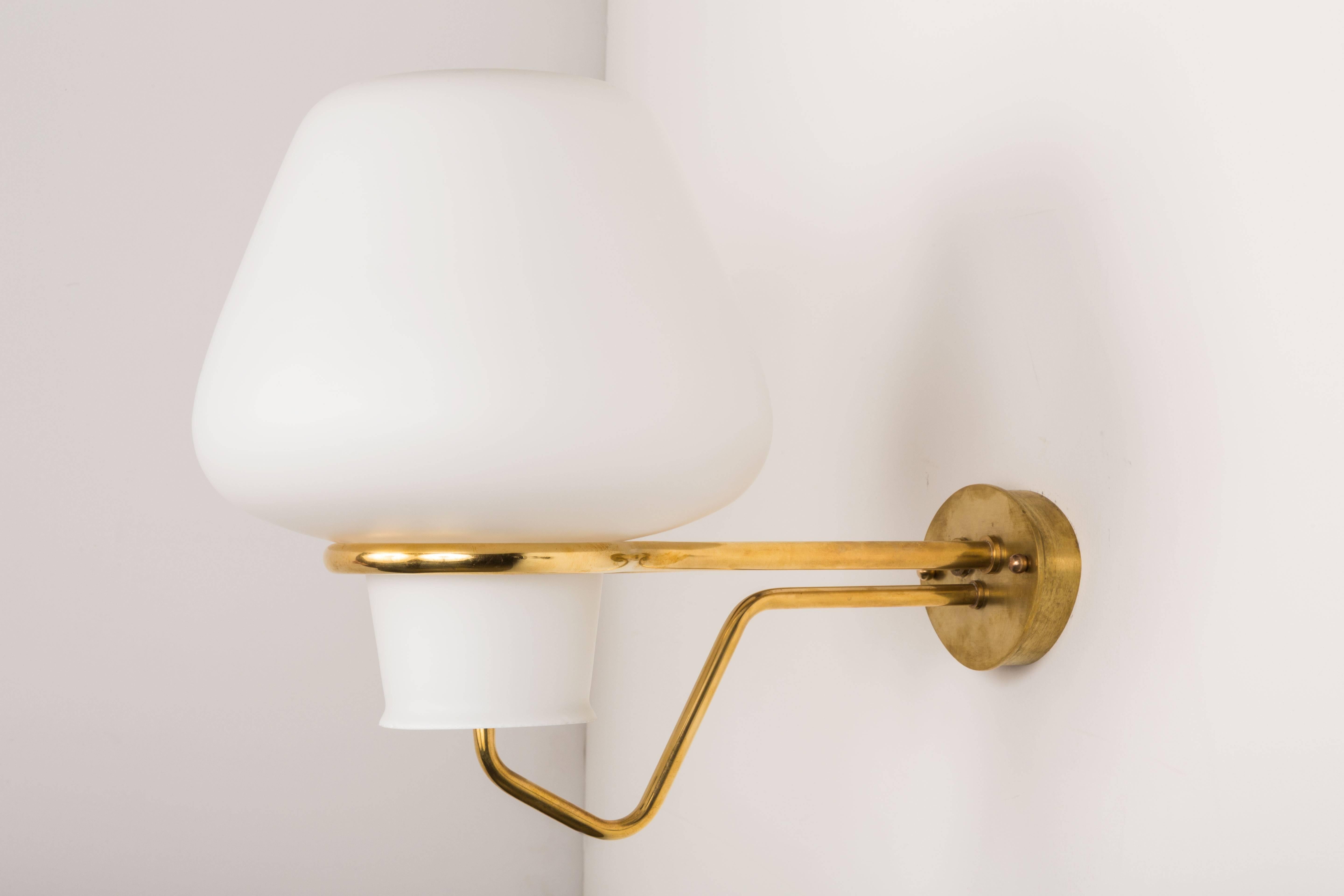 Brushed Pair of Brass and White Satin Glass Sconces by ASEA of Sweden
