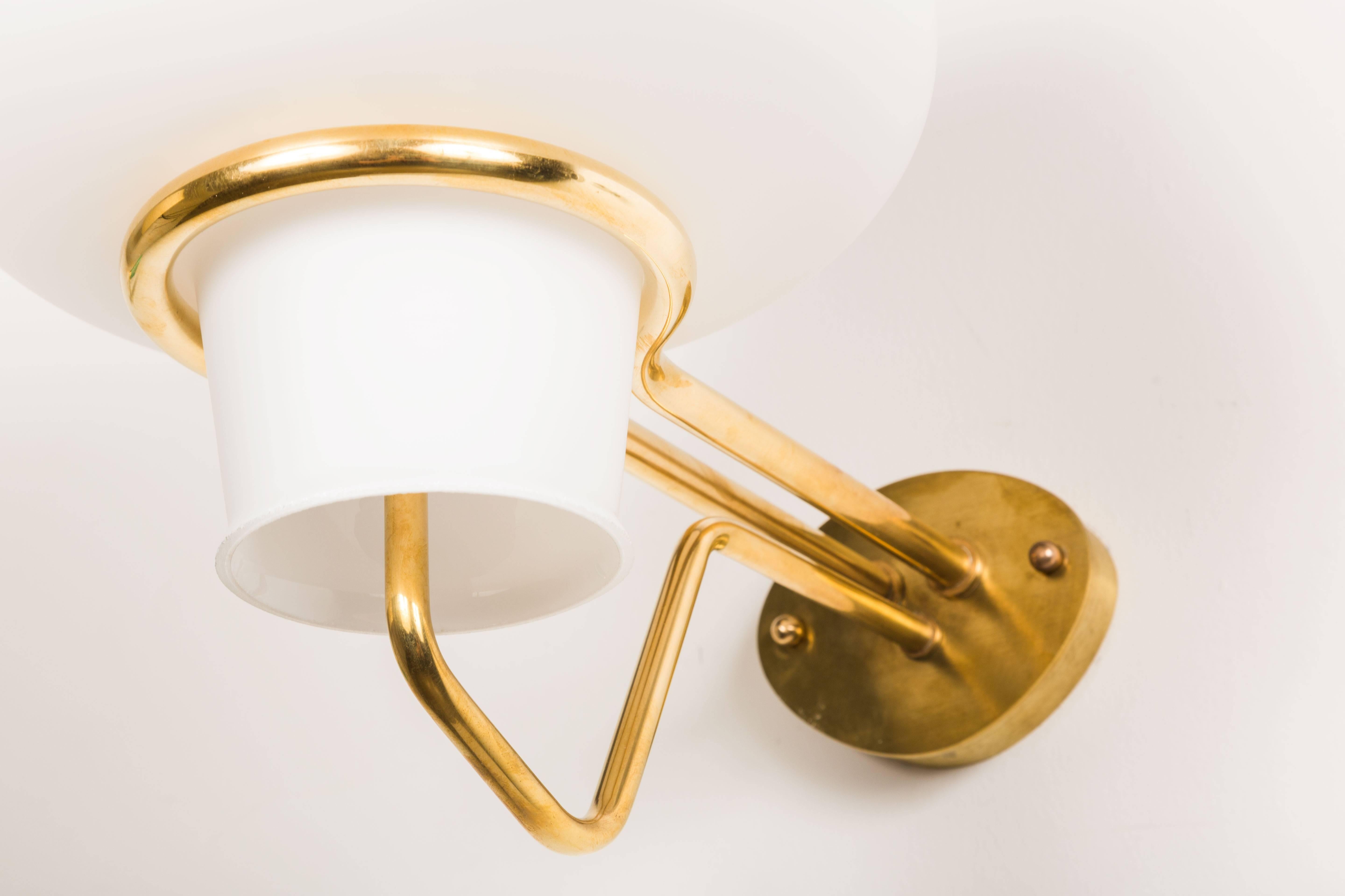 Mid-20th Century Pair of Brass and White Satin Glass Sconces by ASEA of Sweden
