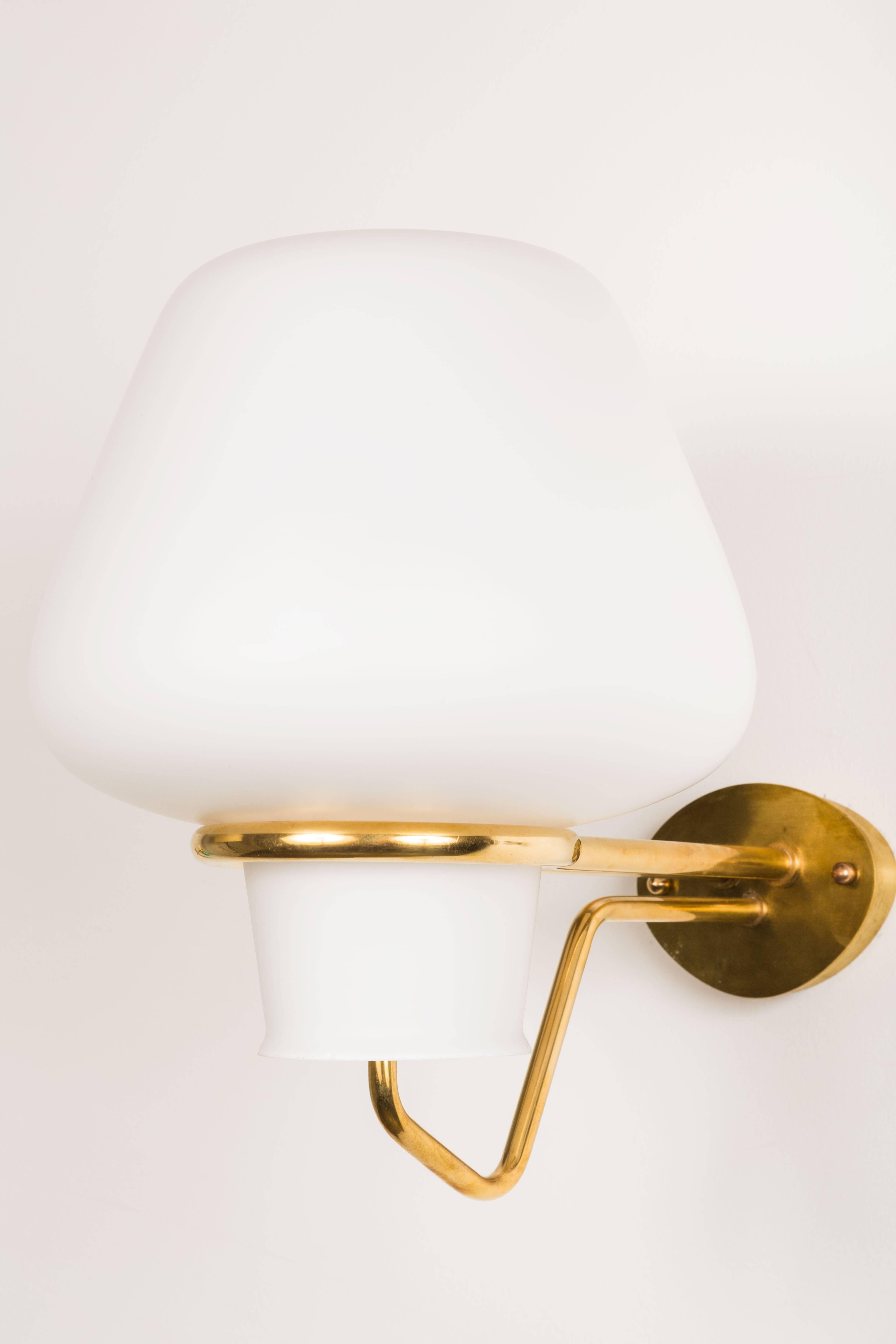 Pair of Brass and White Satin Glass Sconces by ASEA of Sweden In Excellent Condition In Los Angeles, CA