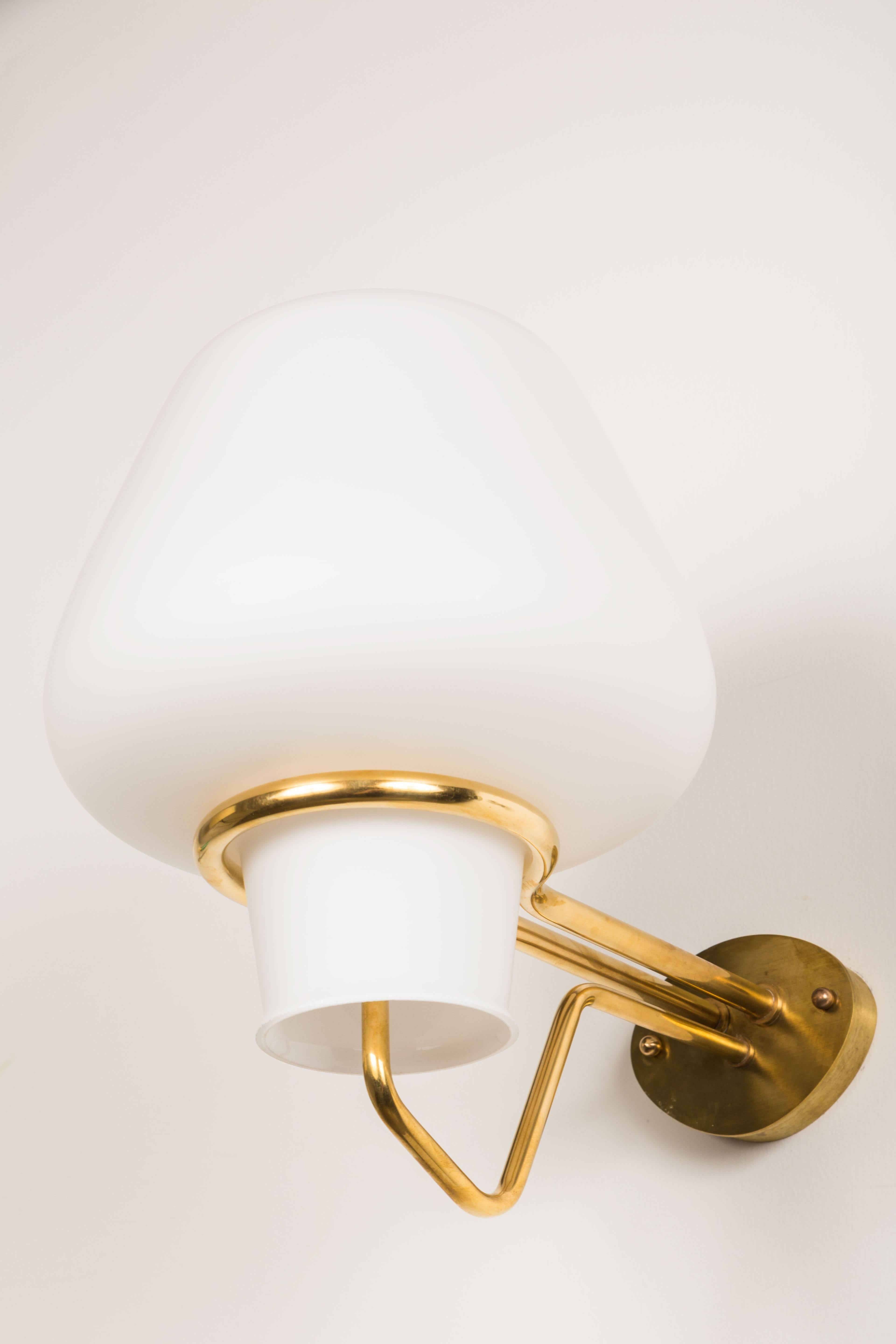 Pair of Brass and White Satin Glass Sconces by ASEA of Sweden 1
