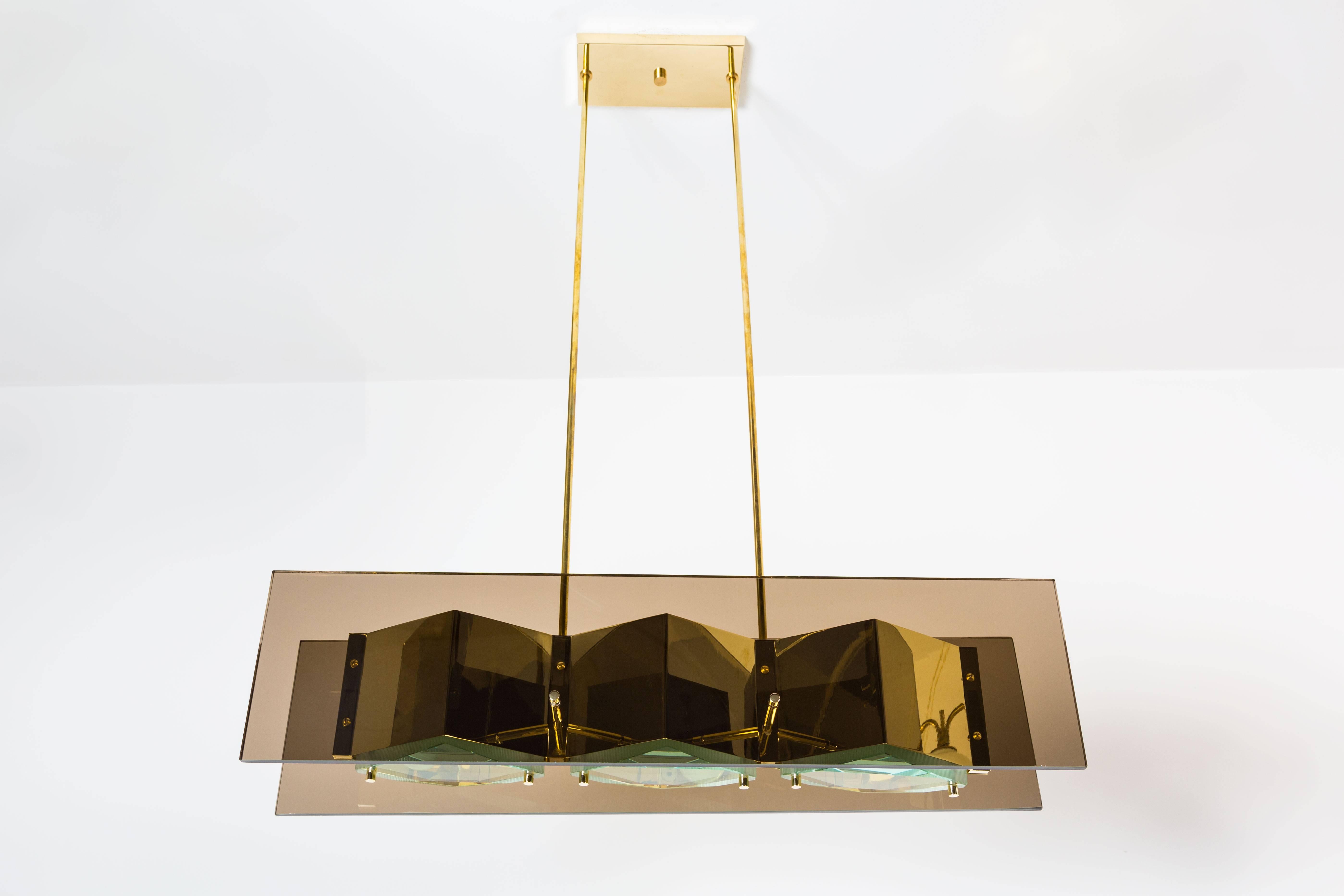 Faceted Stilnovo Chandelier with Brass Shades and Green Glass Diffusers