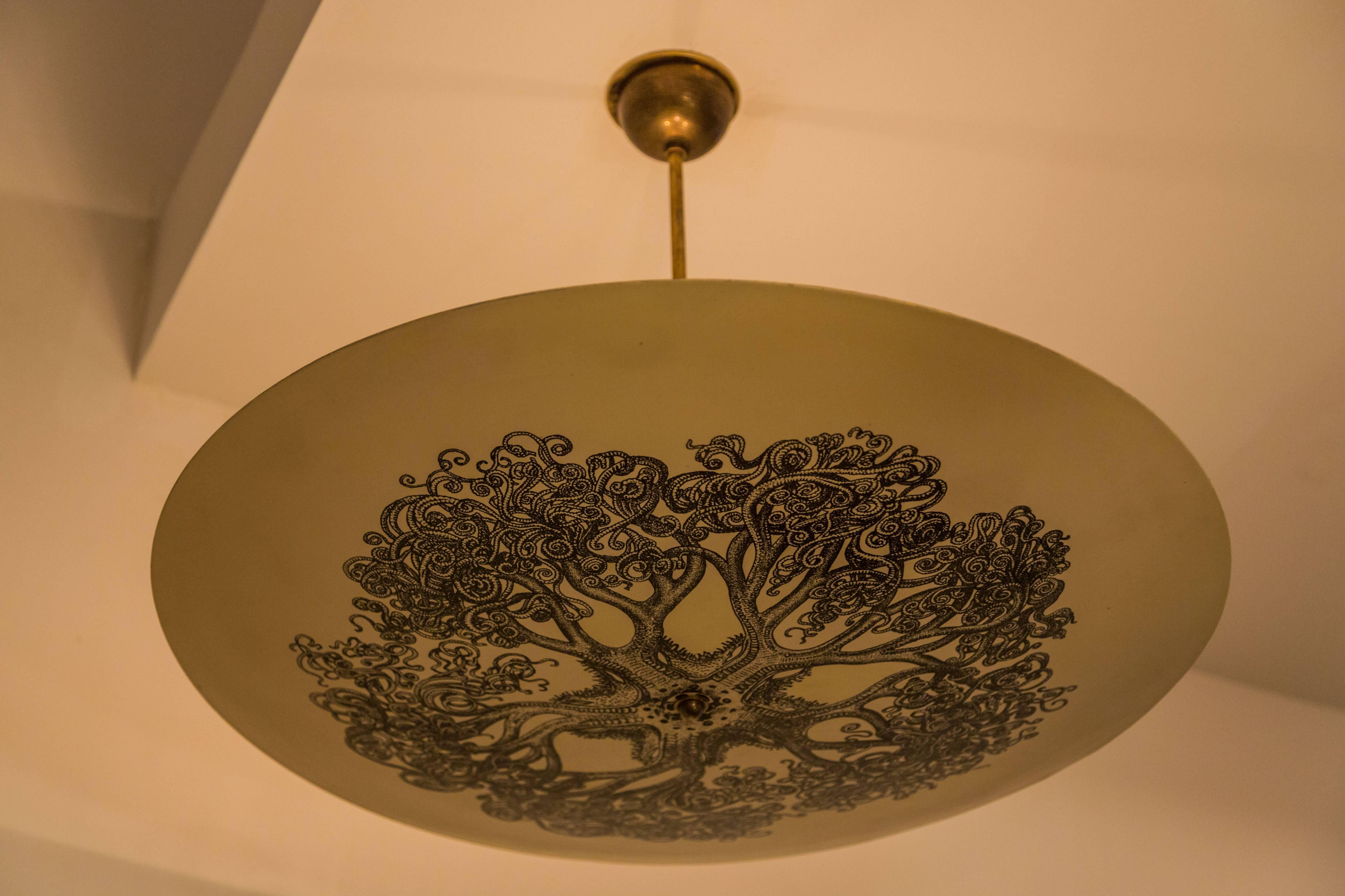 Metal and brass flush mount ceiling light. Hand-painted 