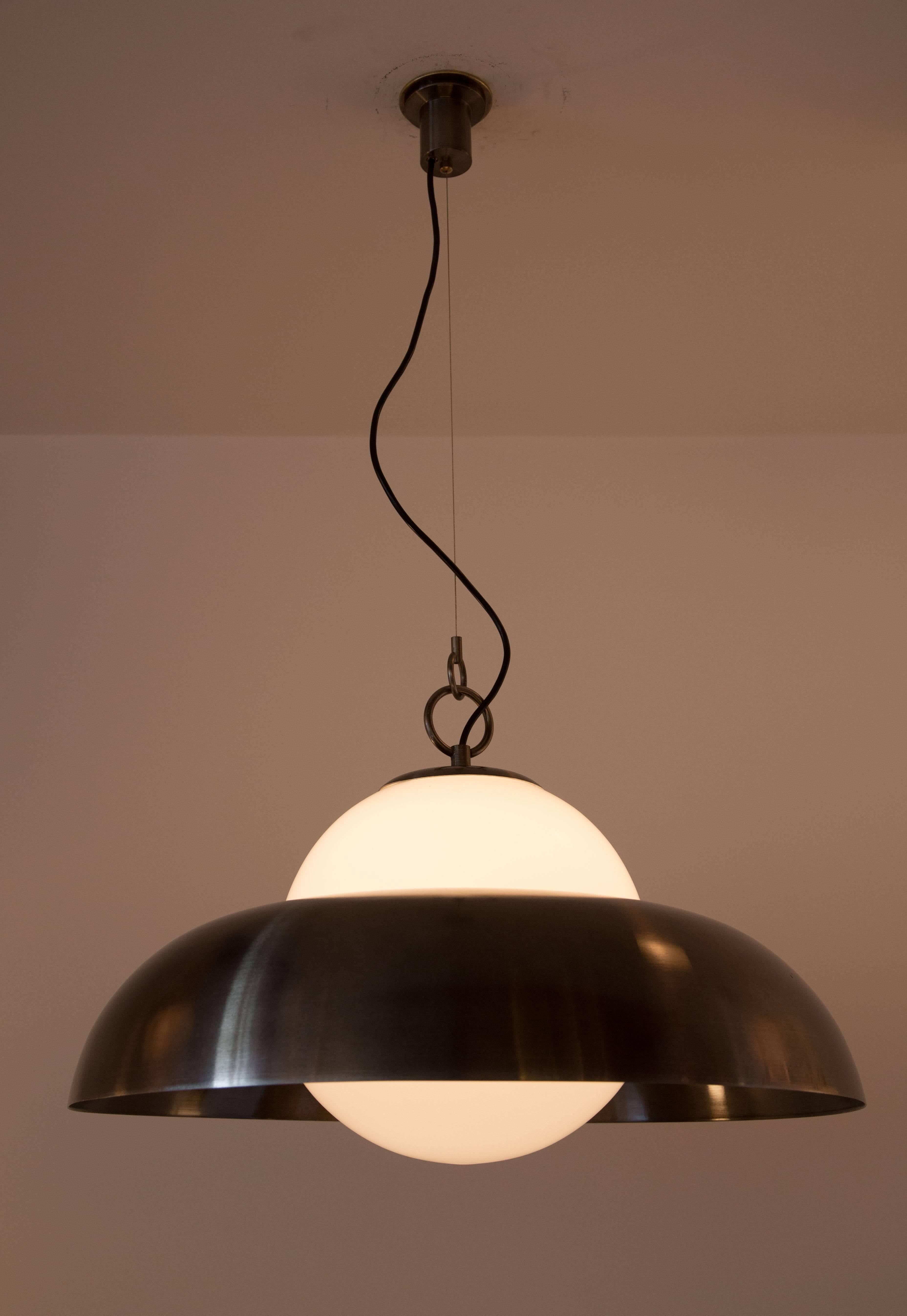 Metal and milk glass suspension lamp model A288 by Sergio Asti produced for Candle. Made in Italy, 1970. 12
