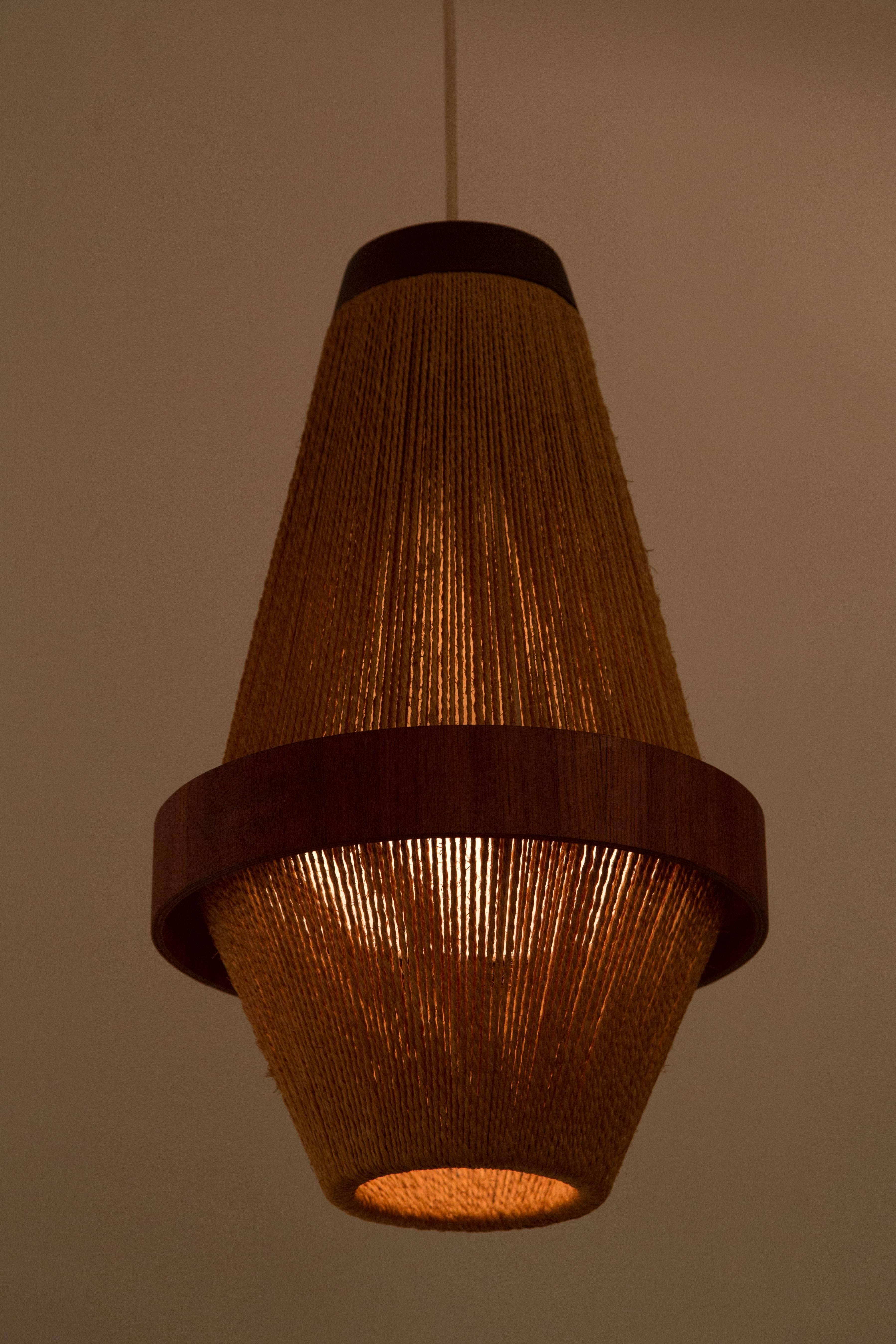 Teak and woven jute wrapped shade pendant light by Fog & Mørup. Rewired. E27 60w maximum bulb. Overall drop can be customized.