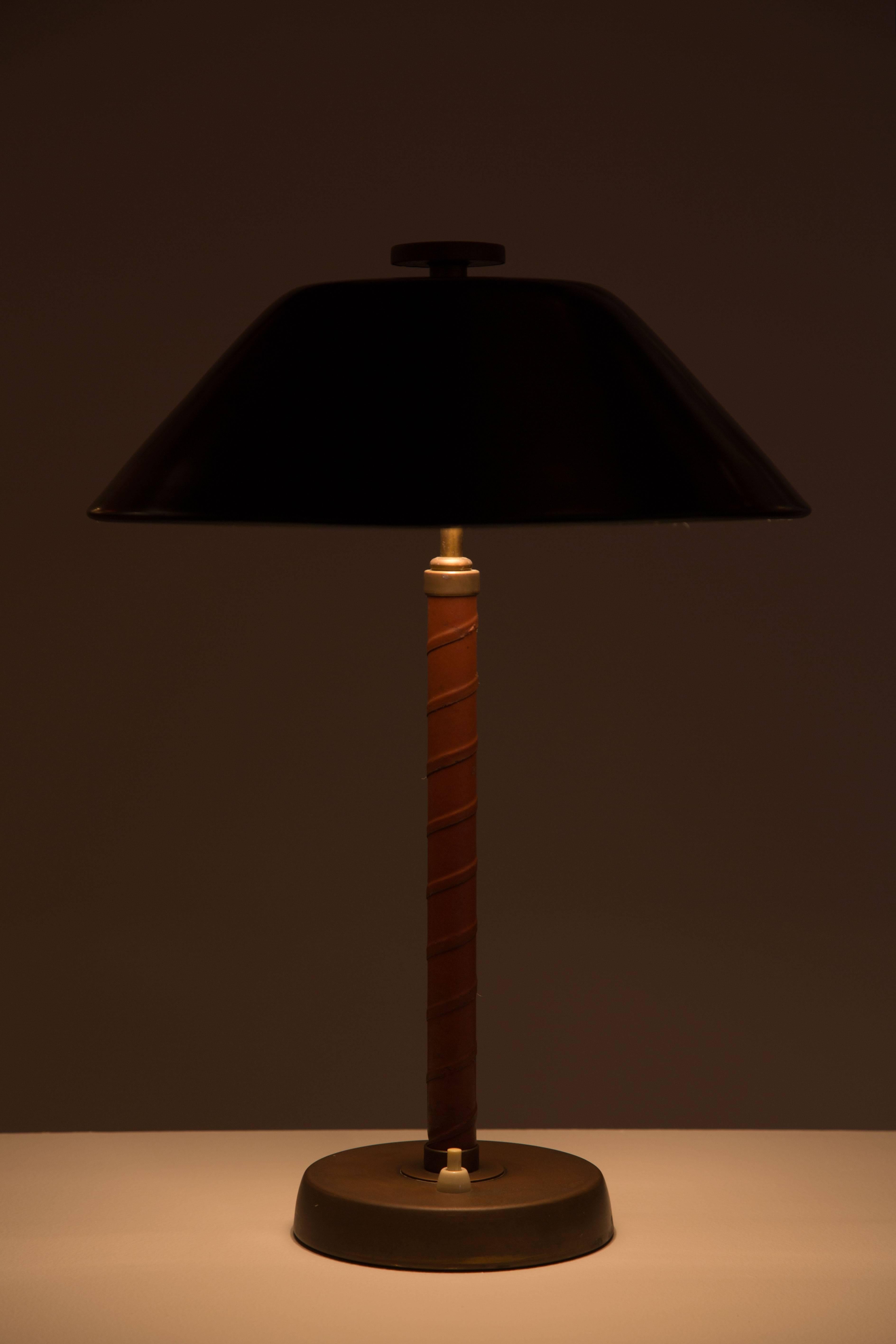 Swedish Rare Einar Bäckström Brass and Leather Table Lamp