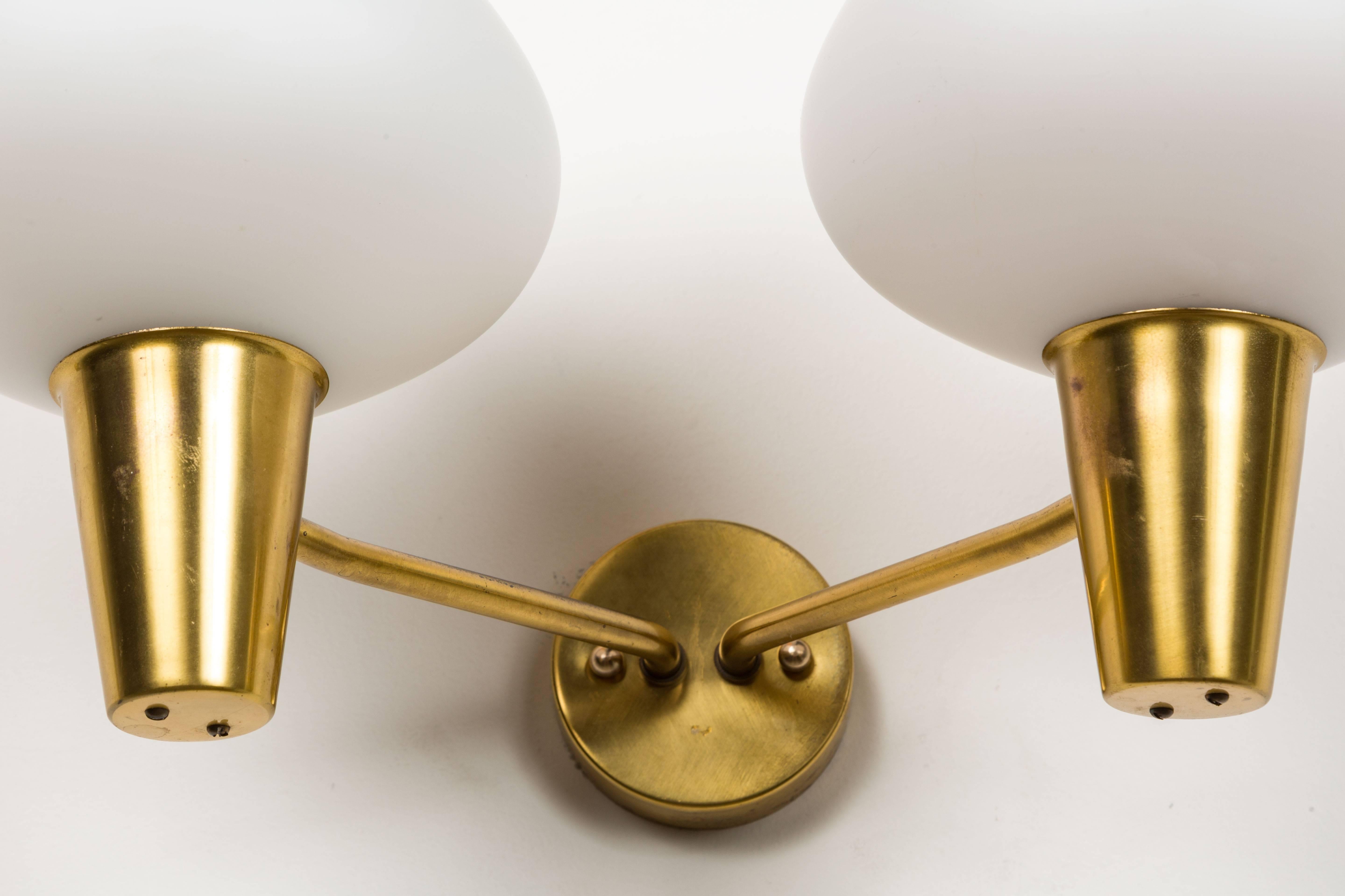 Pair of Brass and Satin Glass Sconces by ASEA In Good Condition In Los Angeles, CA
