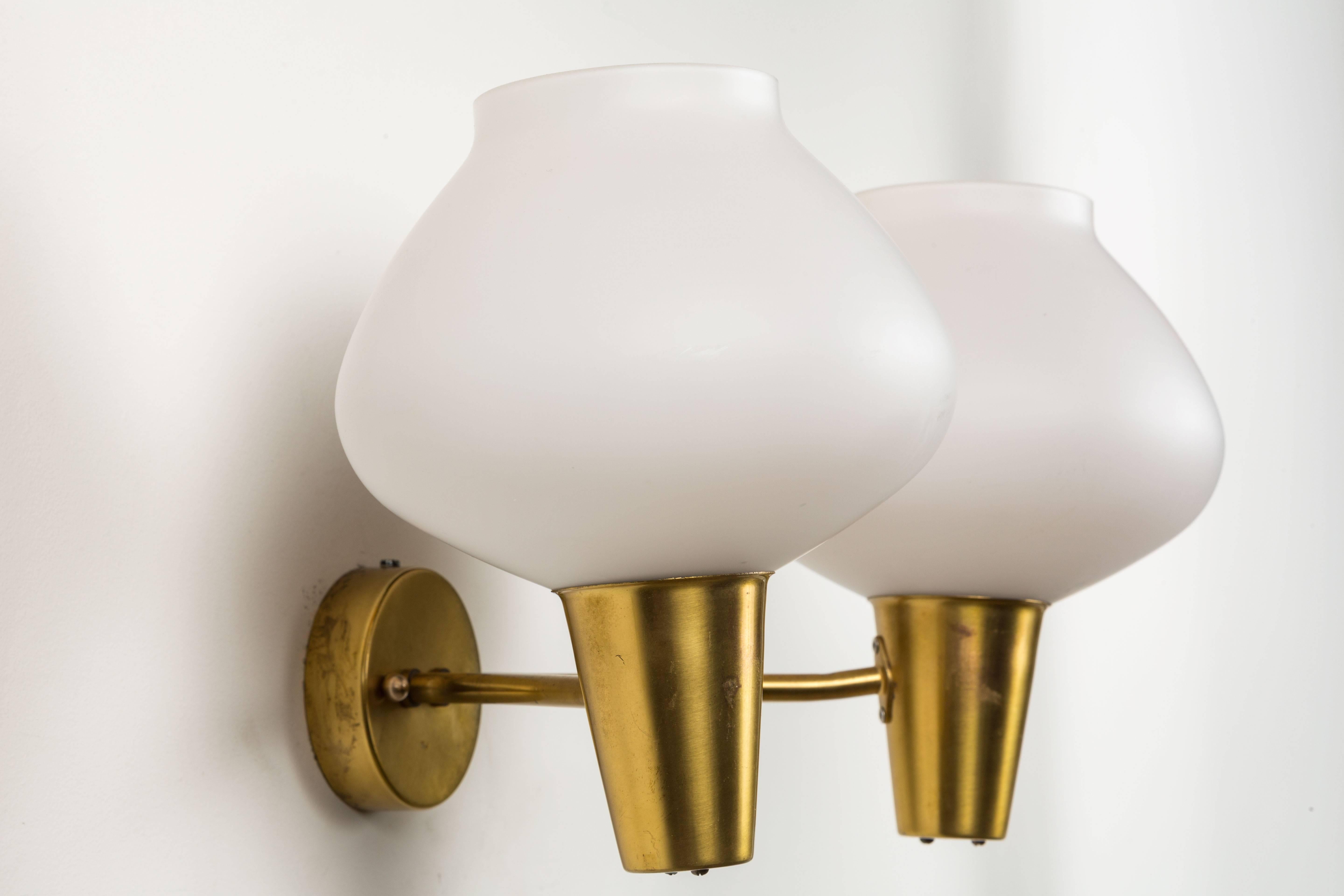 Mid-Century Modern Pair of Brass and Satin Glass Sconces by ASEA