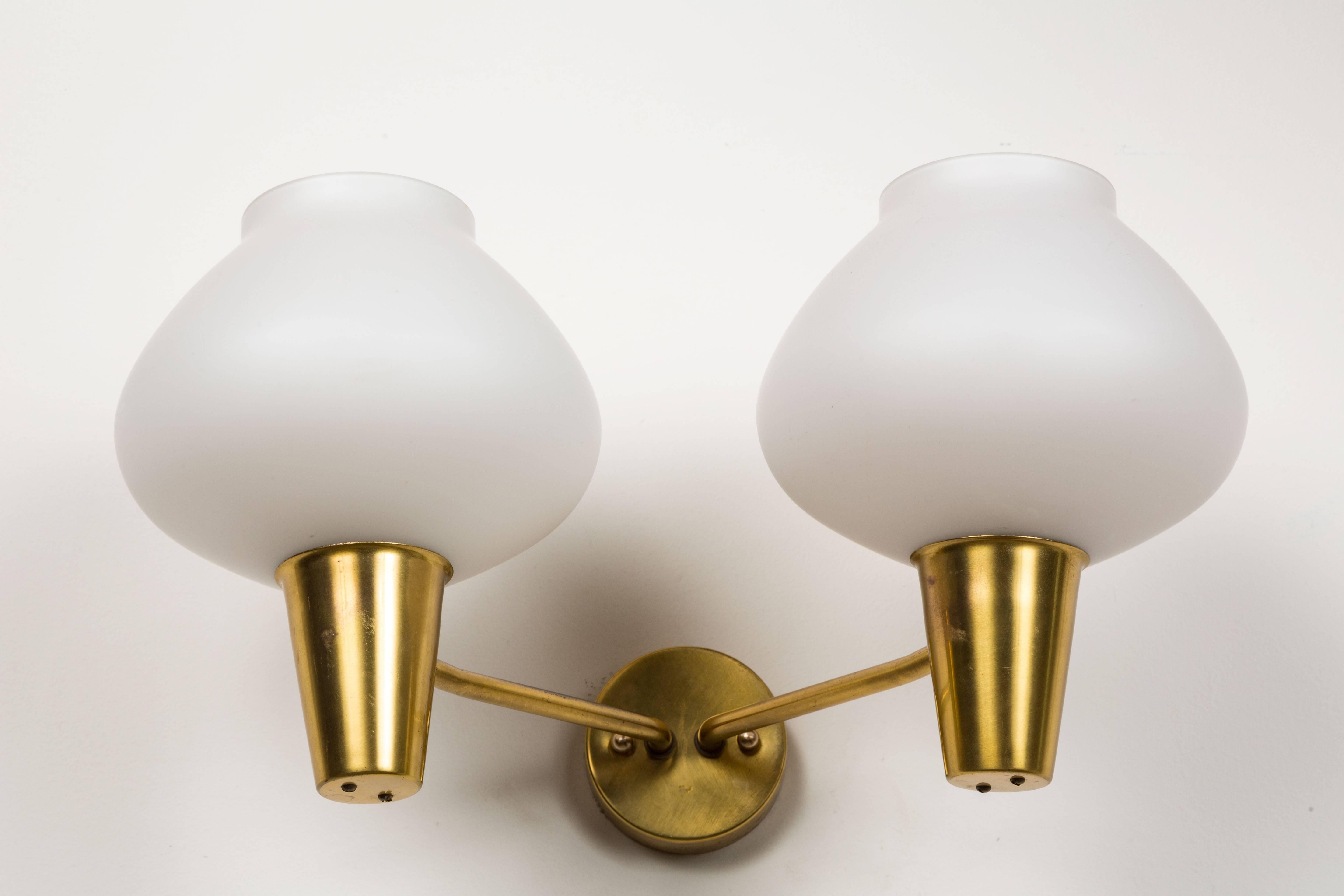 Swedish Pair of Brass and Satin Glass Sconces by ASEA