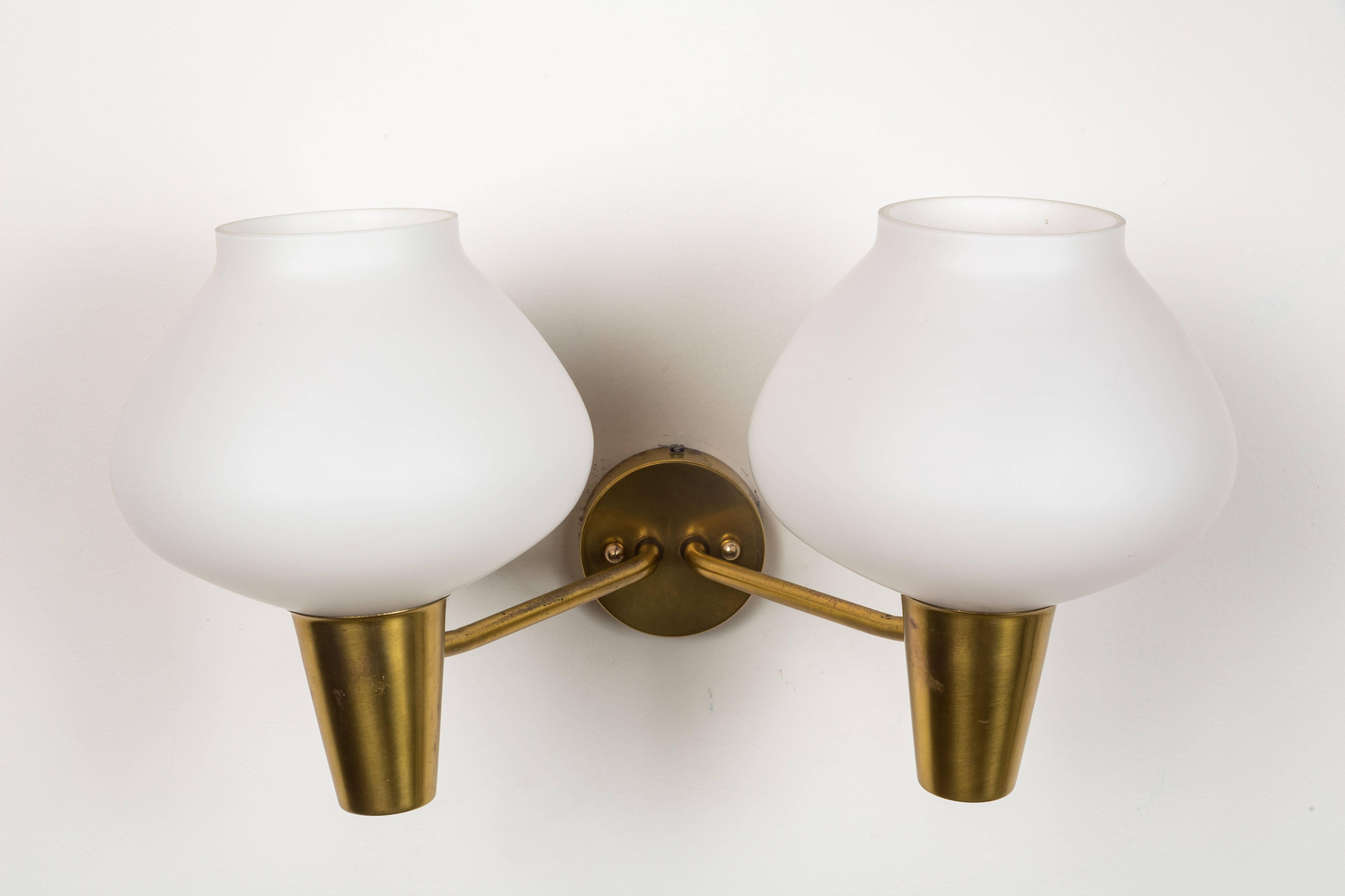 Brushed Pair of Brass and Satin Glass Sconces by ASEA