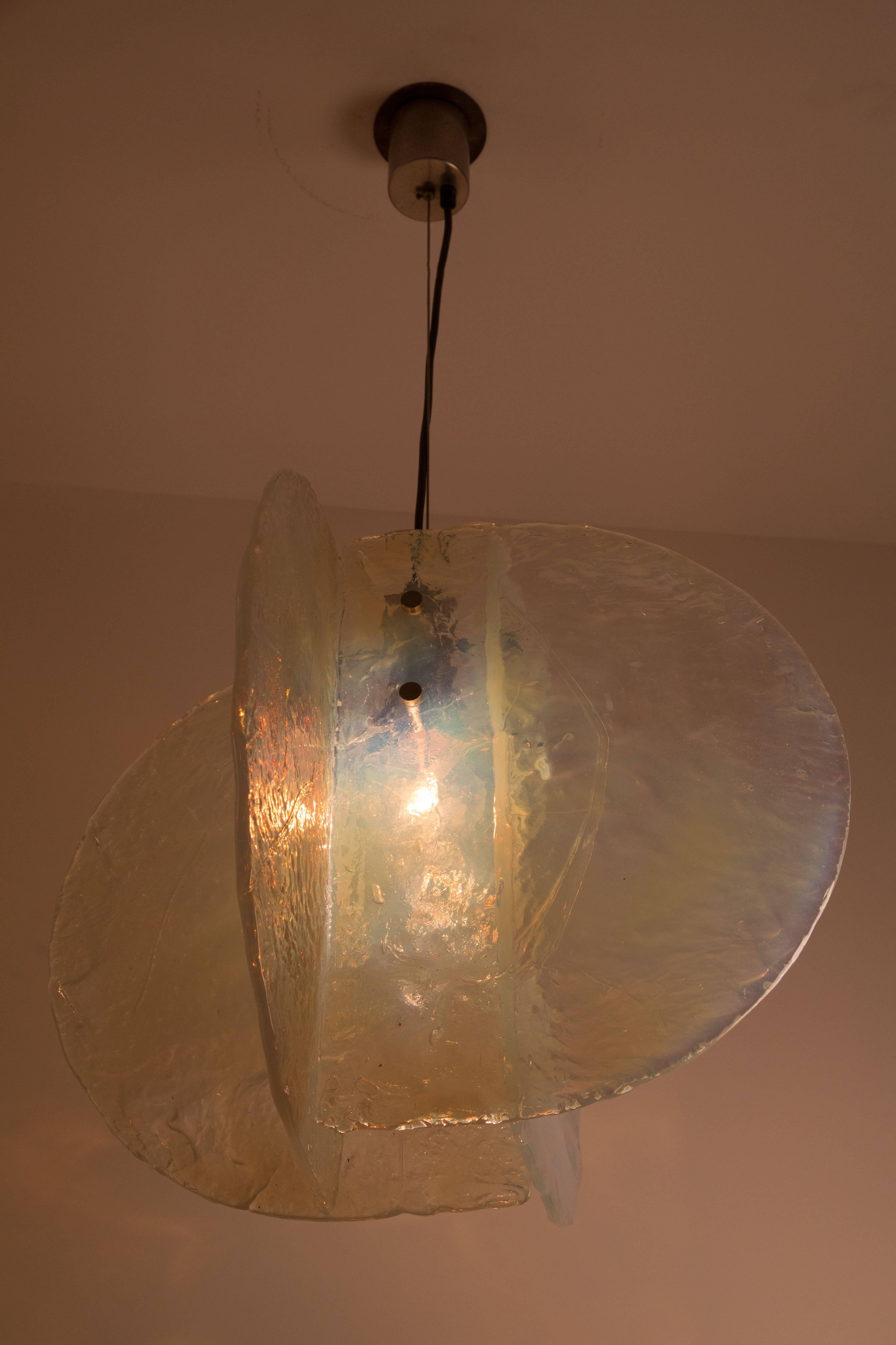 Textured glass pendant by Carlo Nason for Mazzega. Made from intersecting opalescent textured glass panels with nickel-plated brass hardware. Rewired. Overall drop can be customized. Takes an E27 75W maximum bulb.