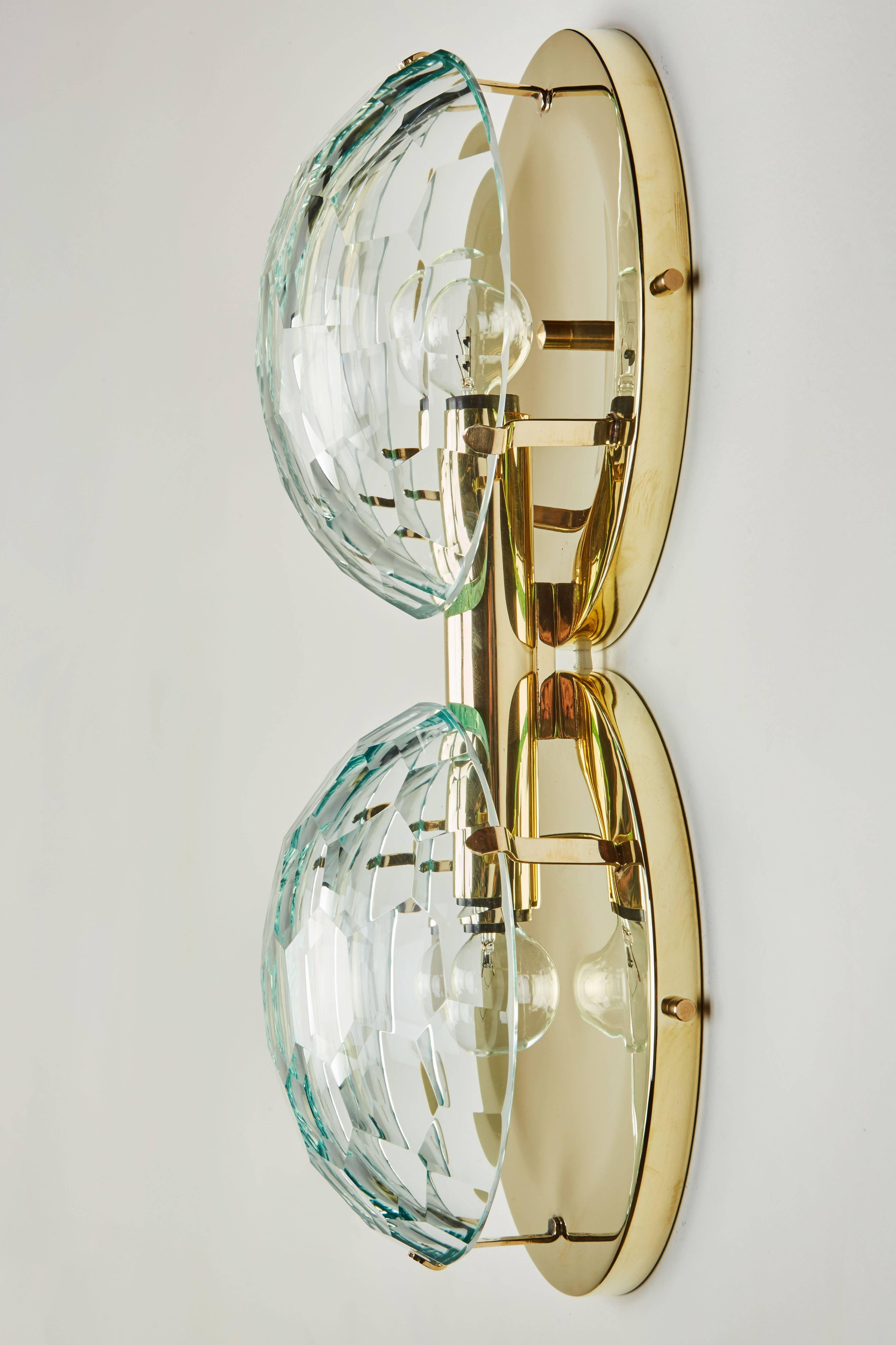 Mid-20th Century Pair of Brass and Multifaceted Glass Sconces