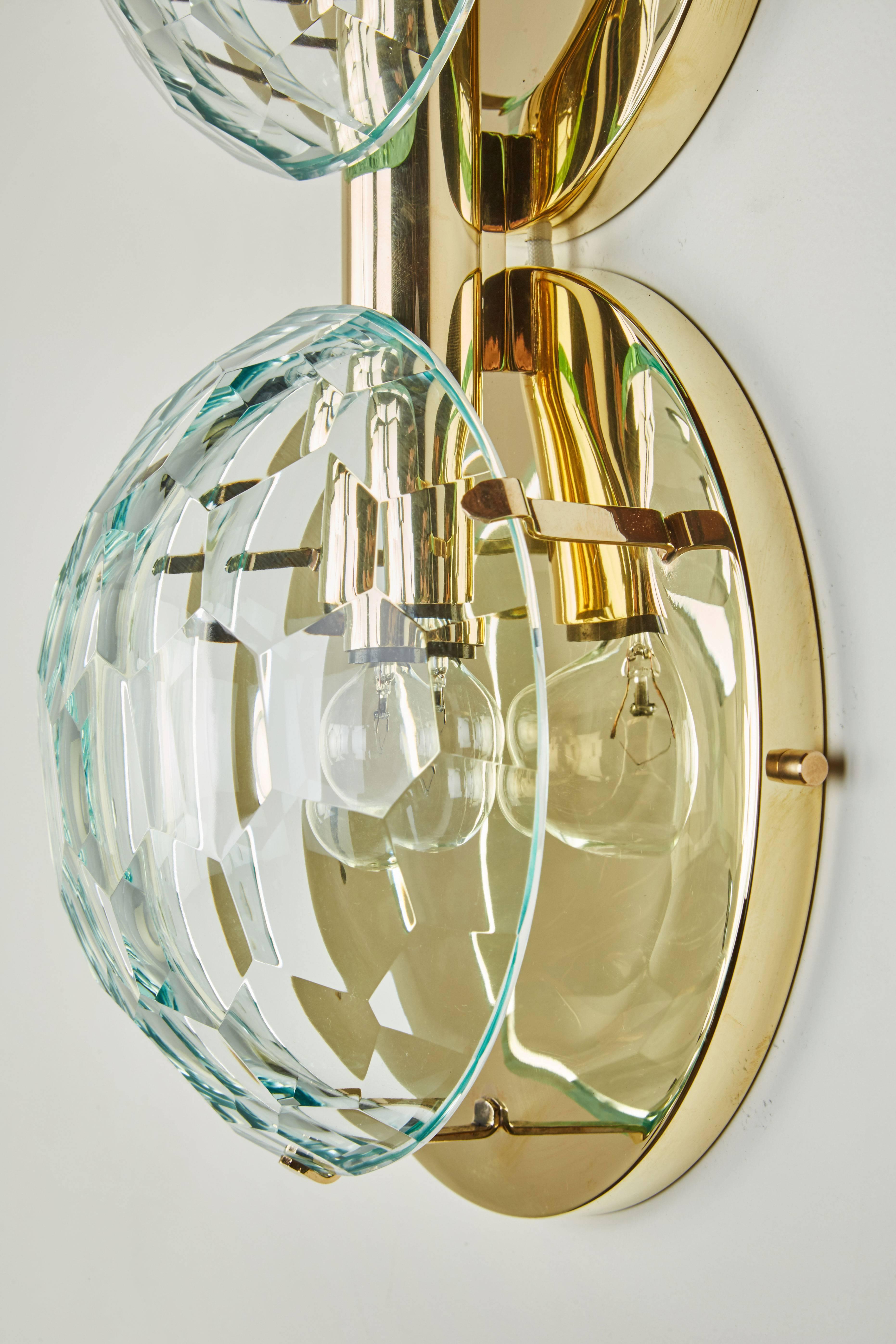 Pair of Brass and Multifaceted Glass Sconces 2