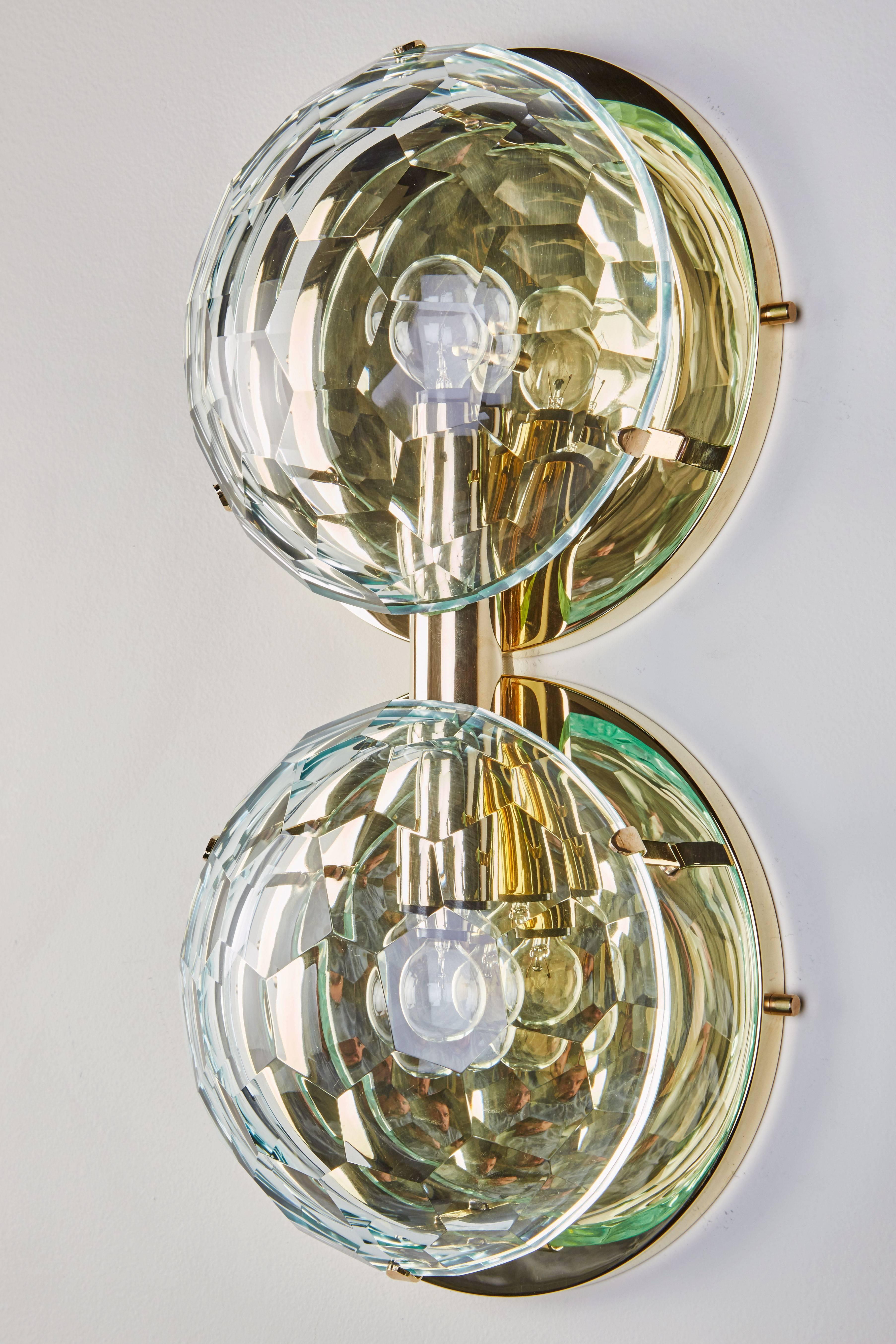 Pair of Brass and Multifaceted Glass Sconces In Good Condition In Los Angeles, CA