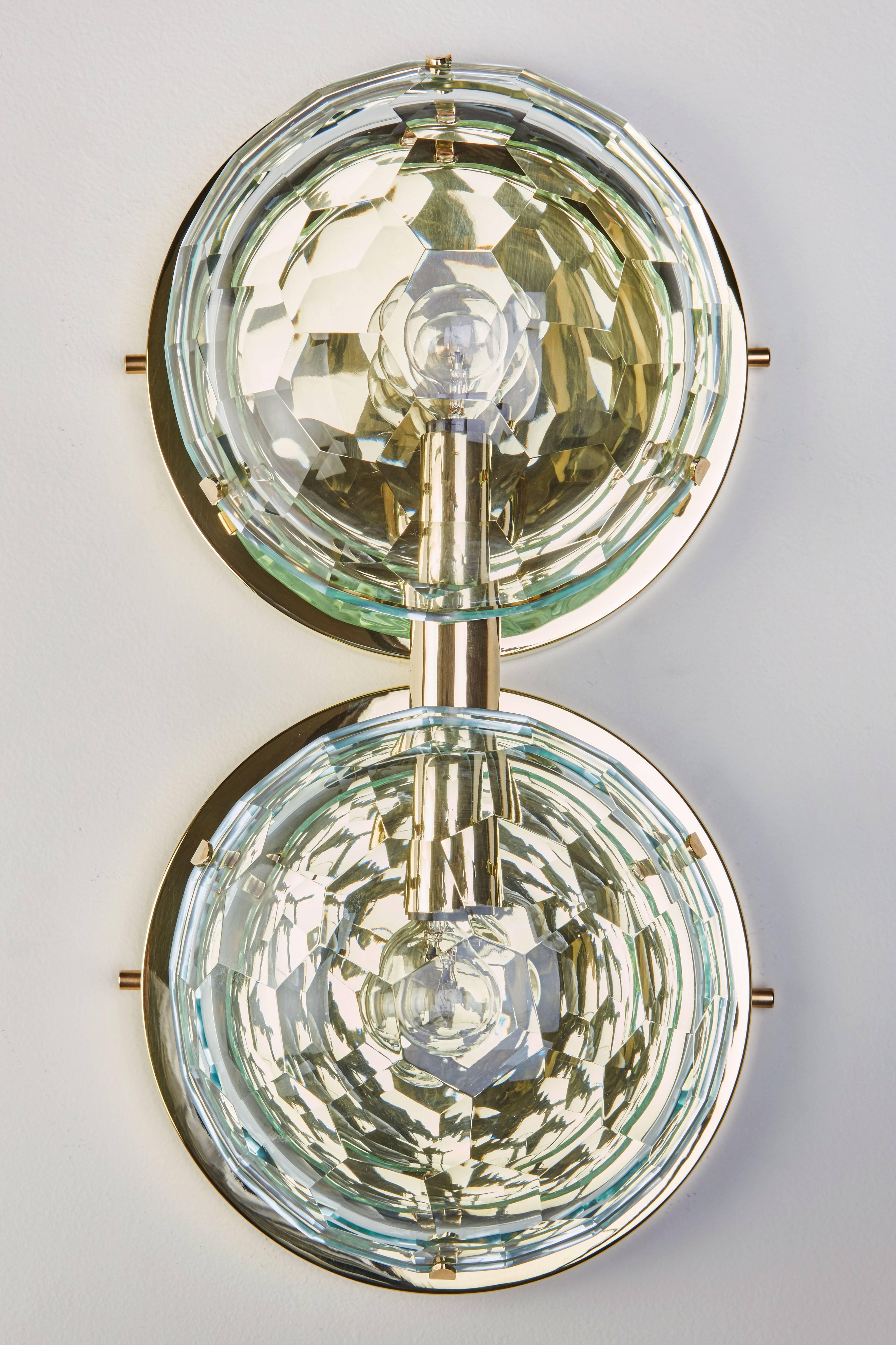Italian Pair of Brass and Multifaceted Glass Sconces