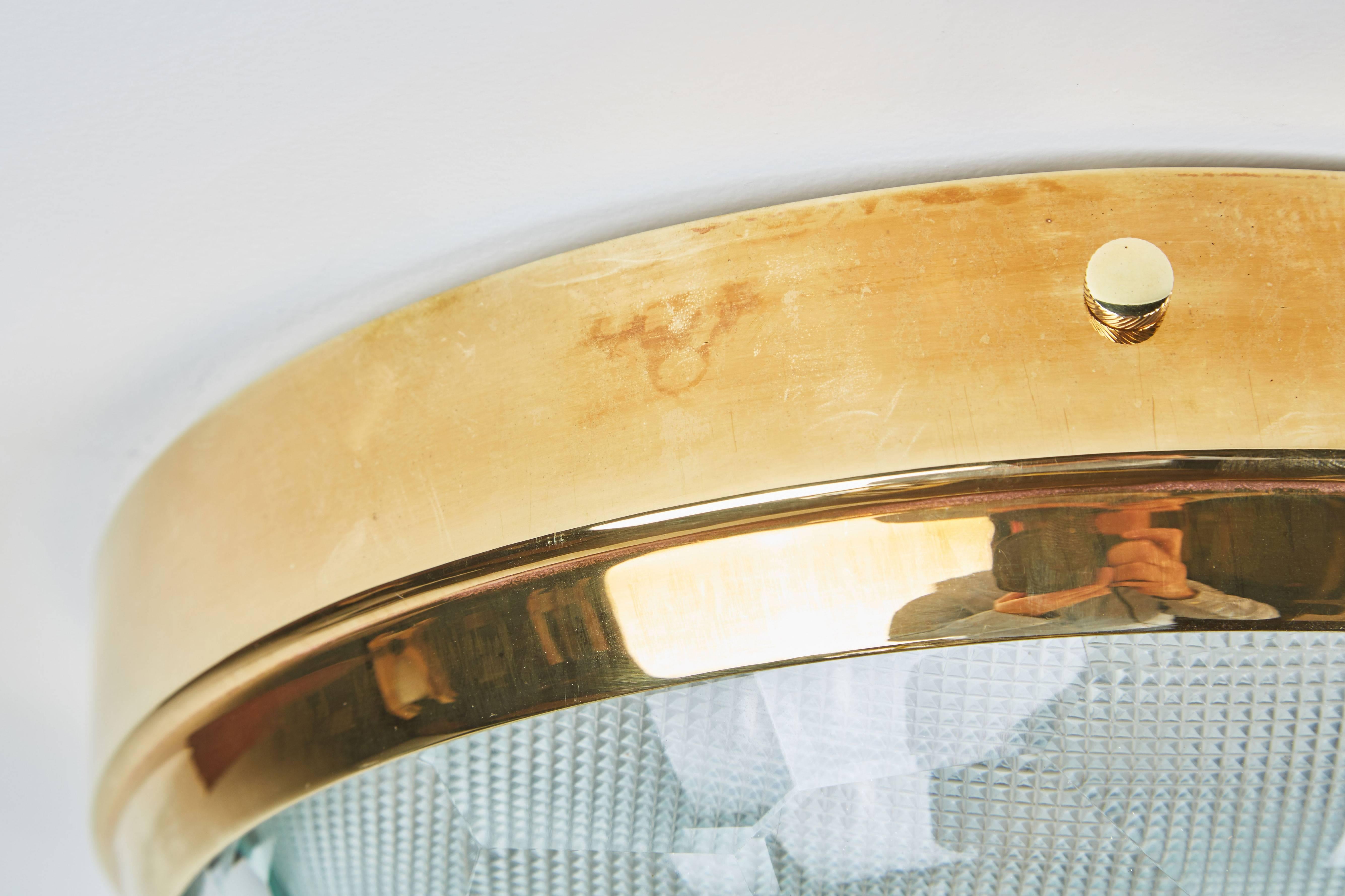 Multifaceted Glass and Brass Flushmount Ceiling Light In Excellent Condition In Los Angeles, CA
