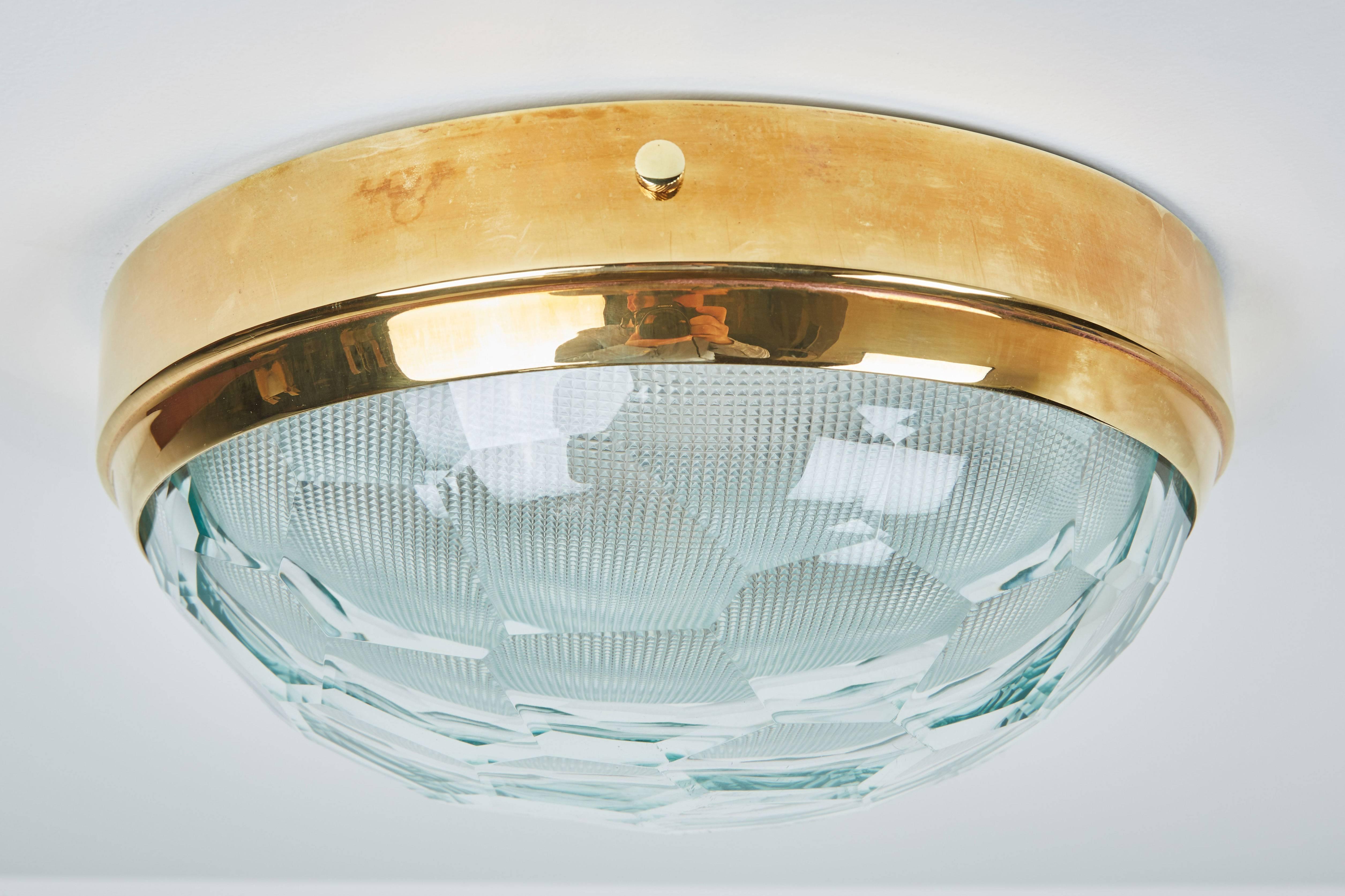 Mid-Century Modern Multifaceted Glass and Brass Flushmount Ceiling Light