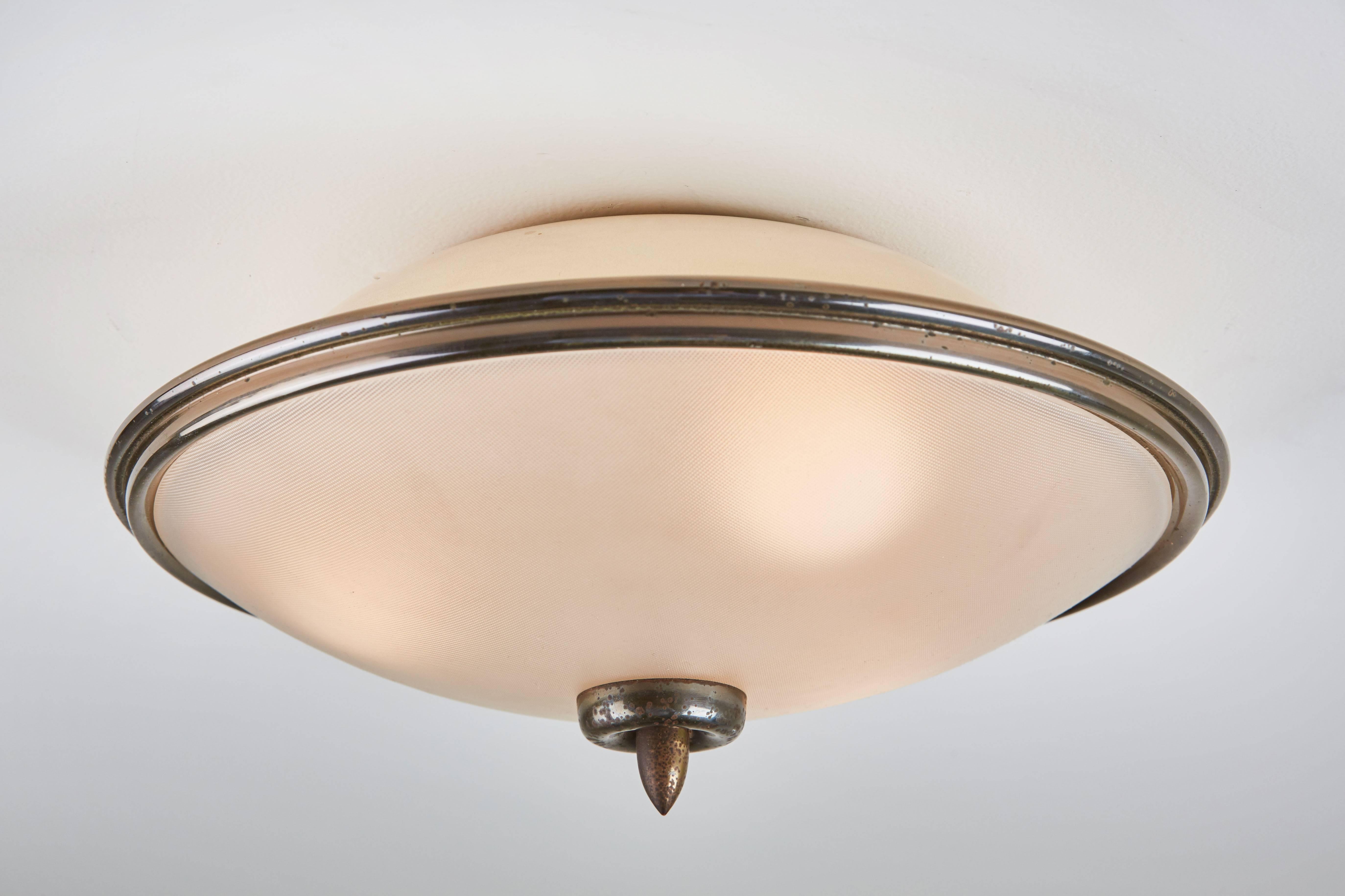 Pair of Brass and Glass Italian Flush mount Ceiling Lights In Excellent Condition In Los Angeles, CA