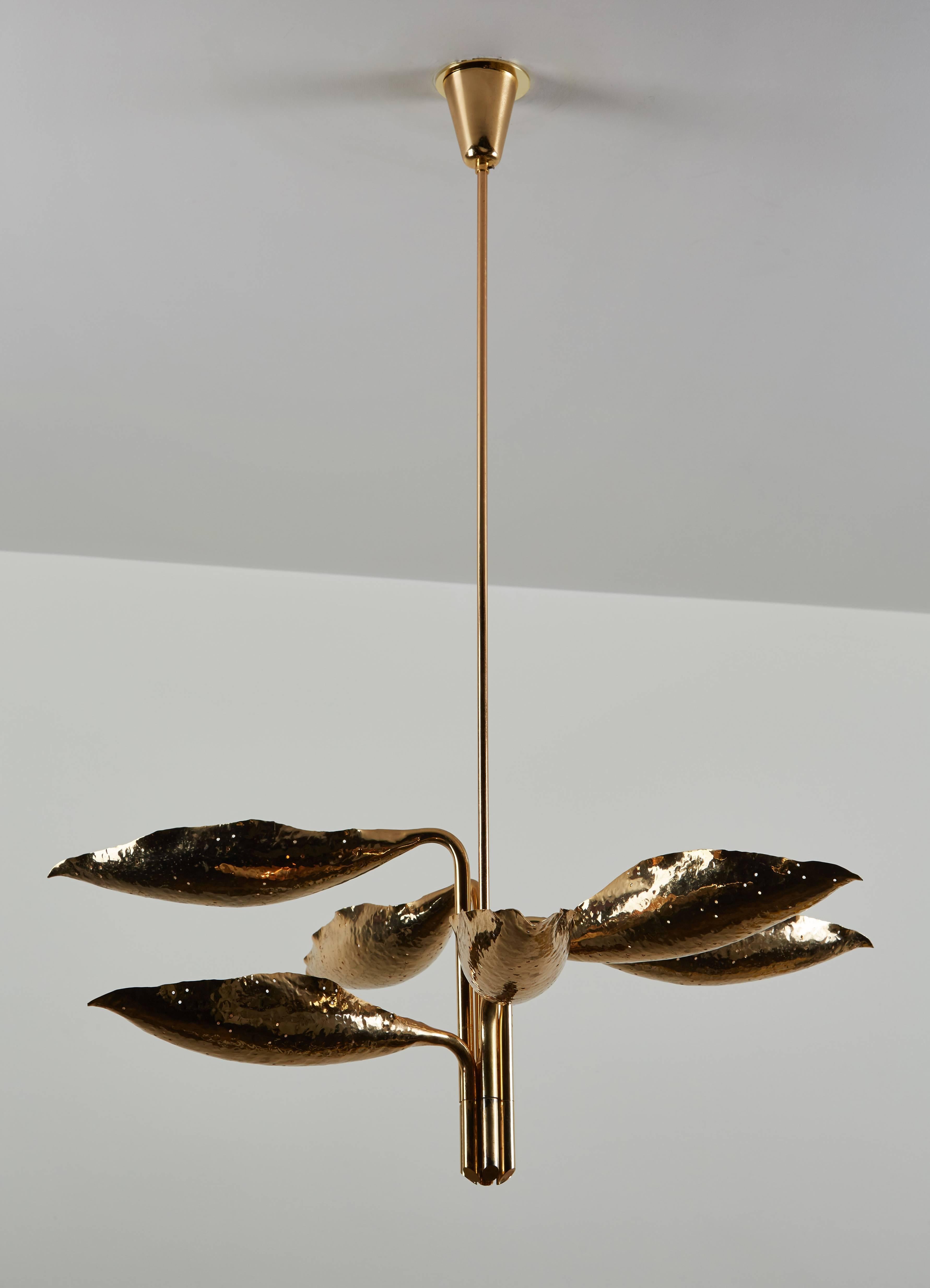 Mid-20th Century Hand Hammered Brass Six-Arm Chandelier by Angelo Lelli for Arredoluce