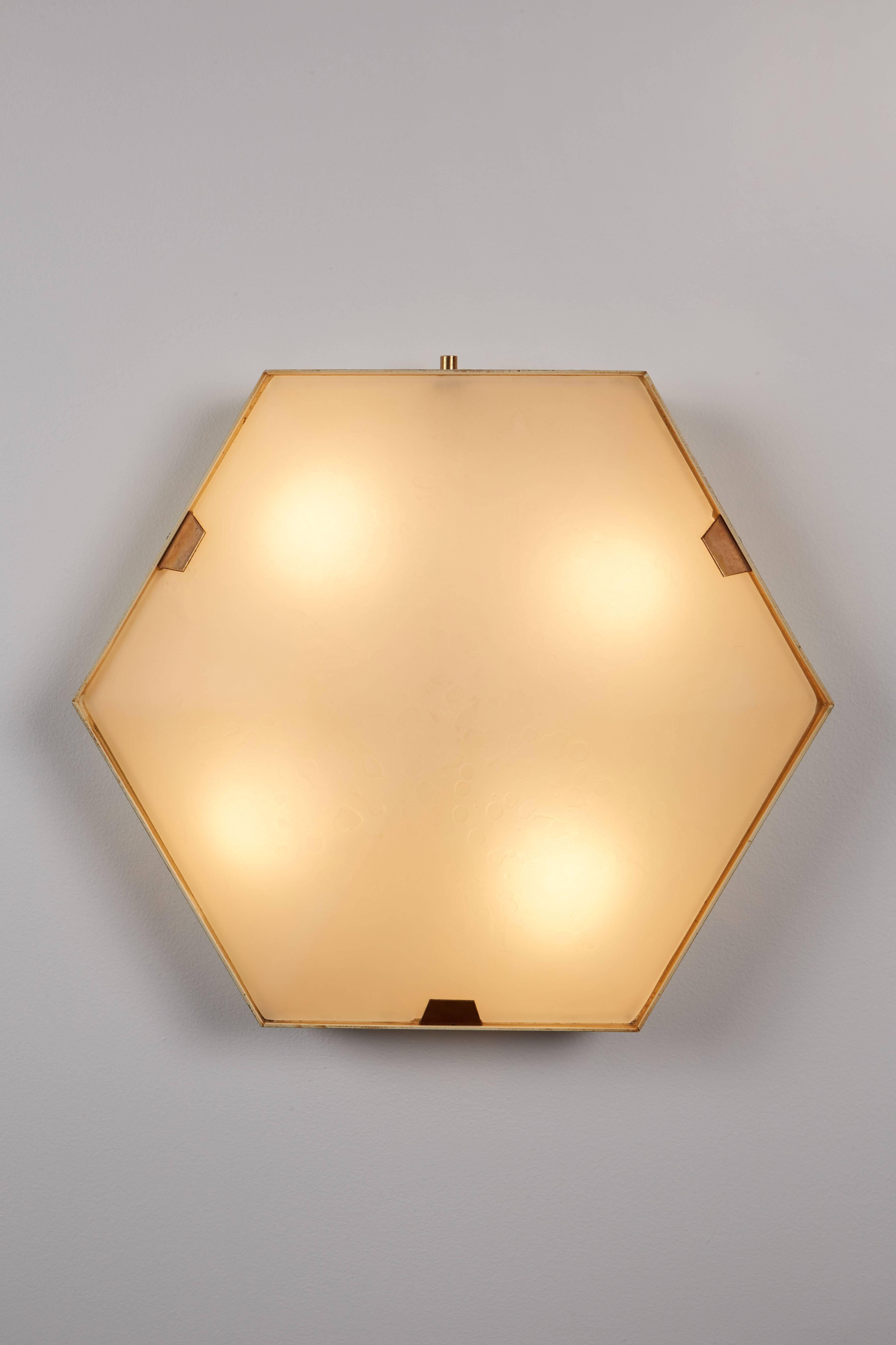 Single Hexagonal Brass and Glass Ceiling/Wall Lights by Stilnovo 2