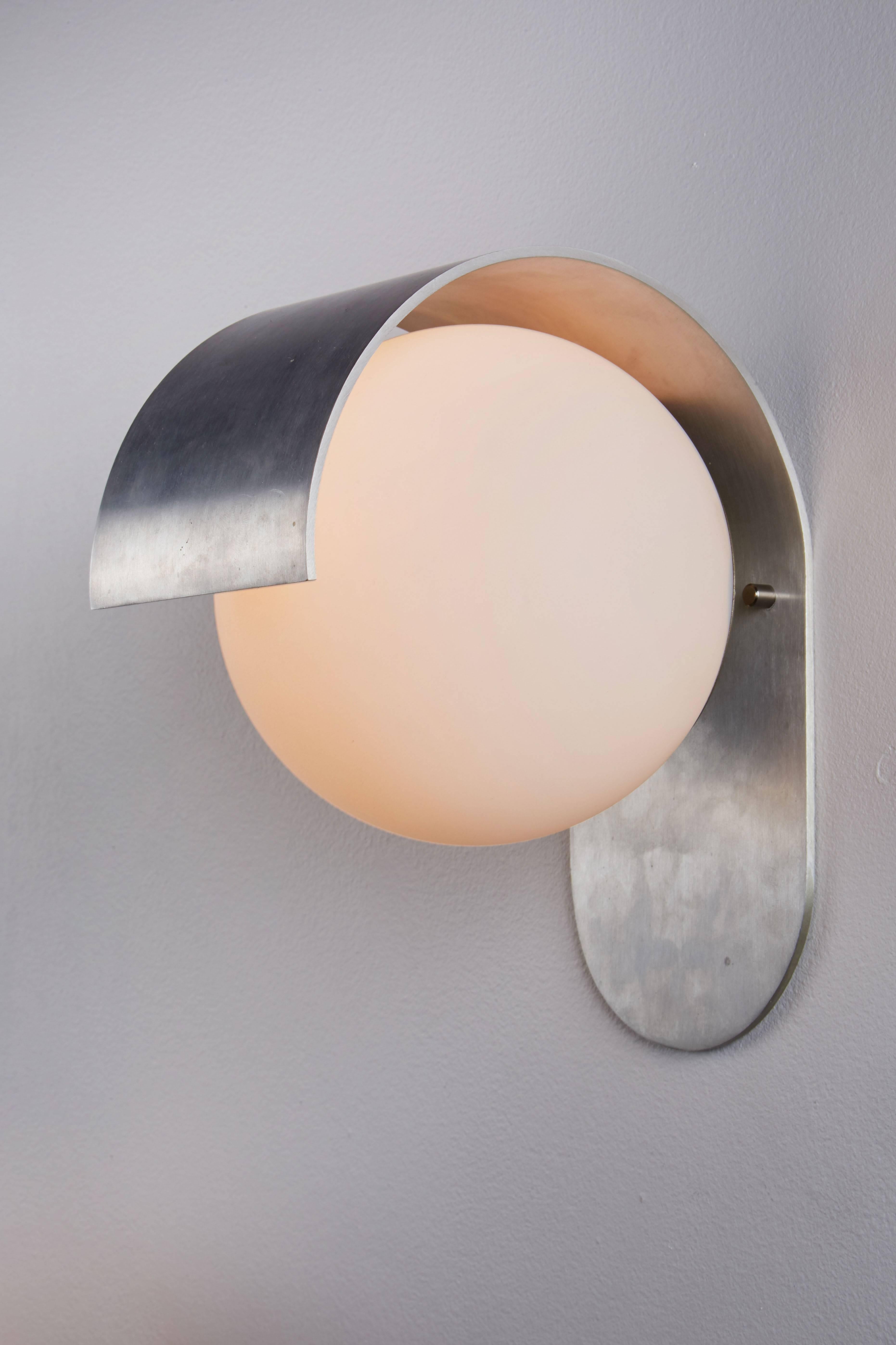 Mid-20th Century Pair of Brushed Aluminum and Satin Glass Sconces by Lumi