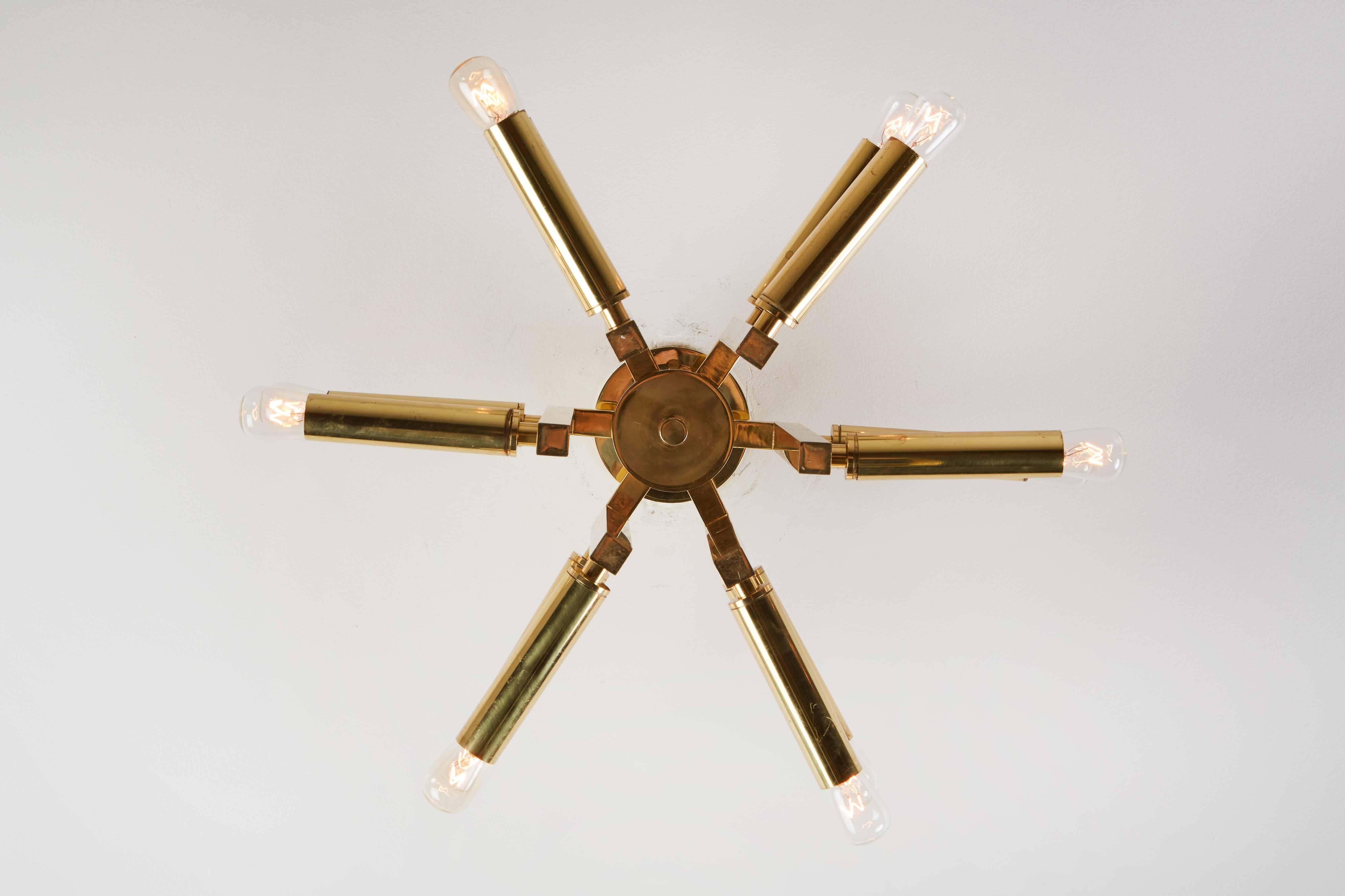 Mid-20th Century Twelve-Arm Brass Flush Mount Ceiling Light