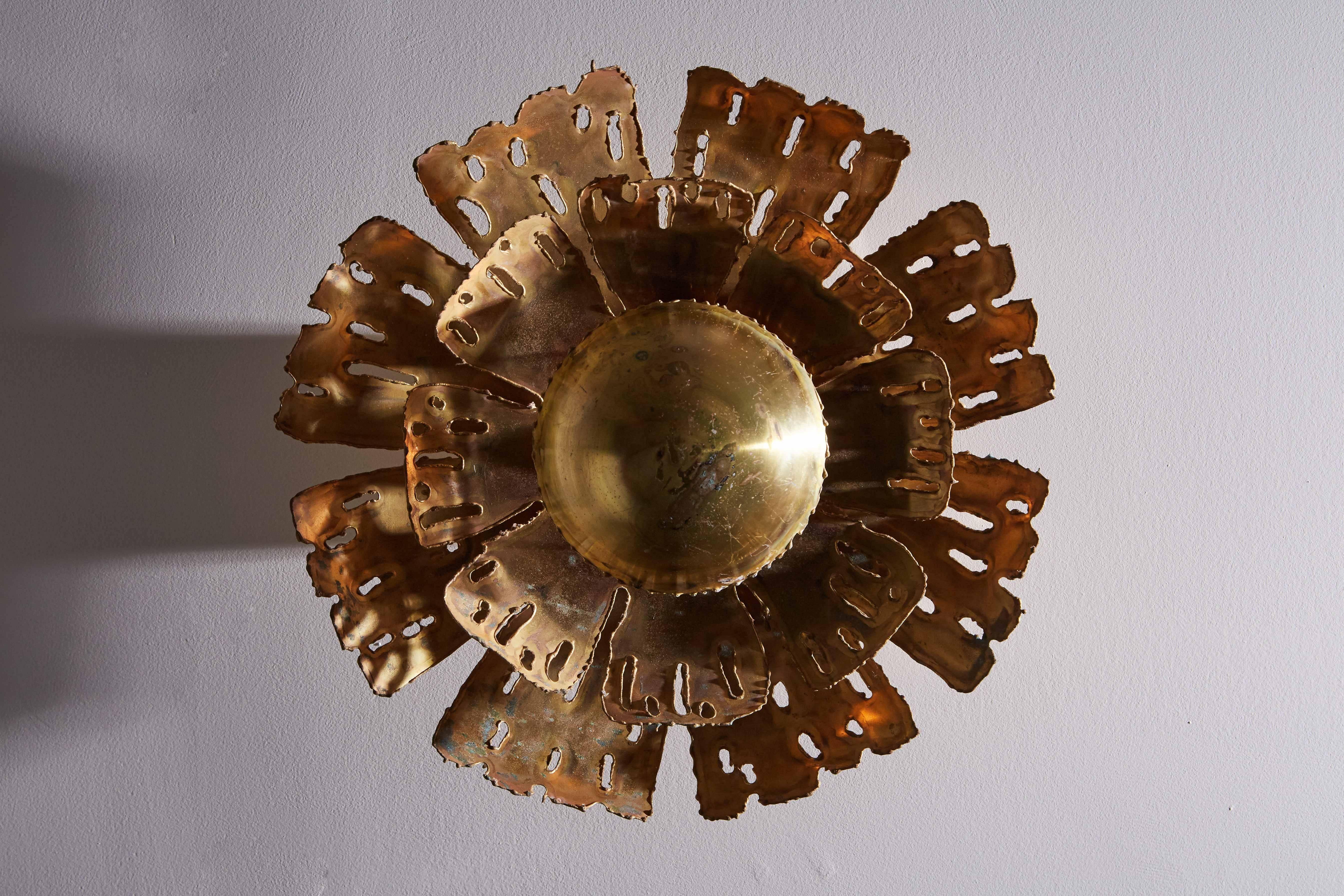 Hammered Pair of Brass Ceiling or Wall Lights by Svend Aage Holm-Sørensen