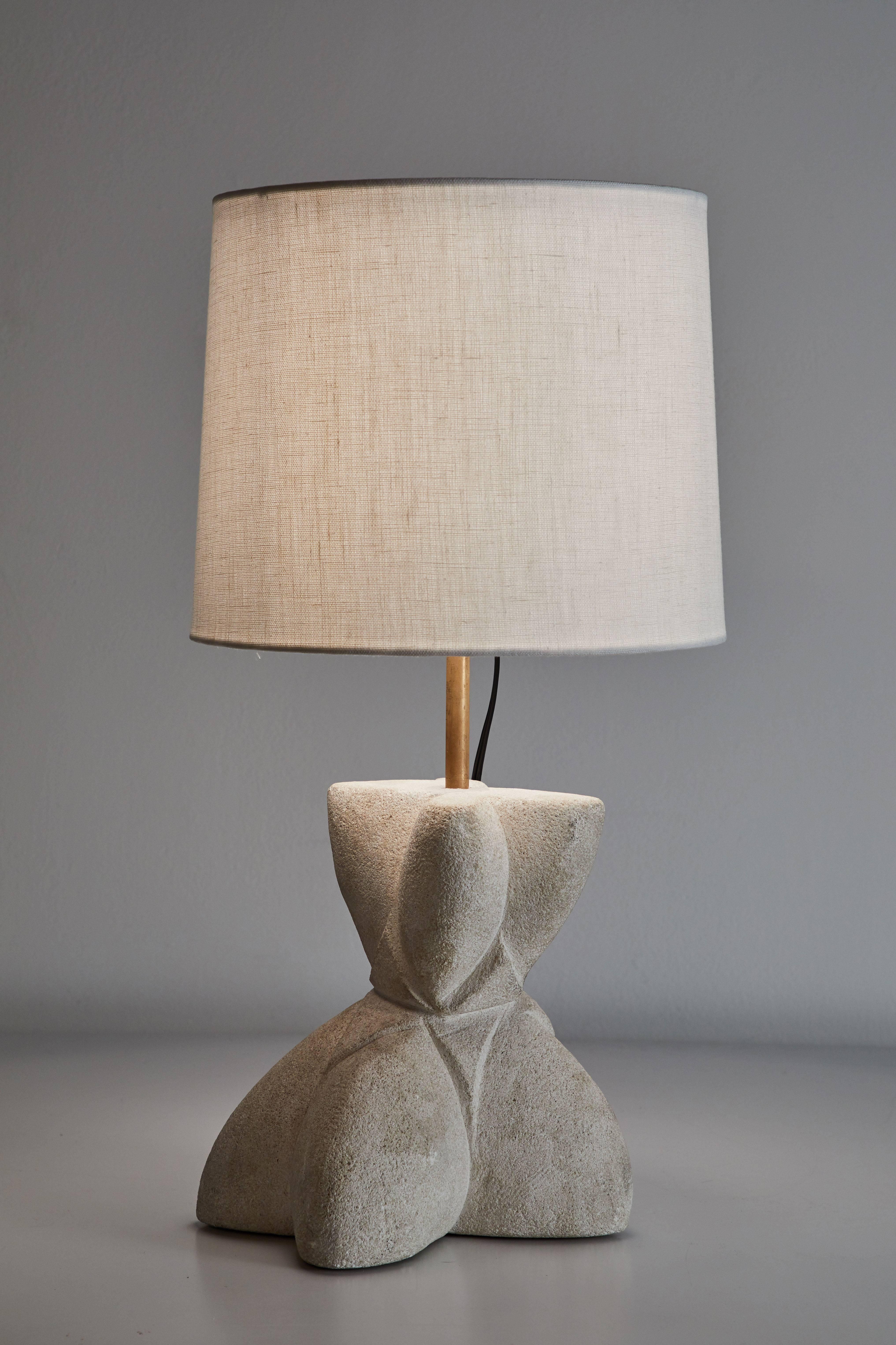 Carved stone table lamp by Albert Tormos designed in France, circa 1970s. Original cord. Shade is for display purposes only. Custom shade fabrication available upon request. Takes one E27 100w maximum bulb.