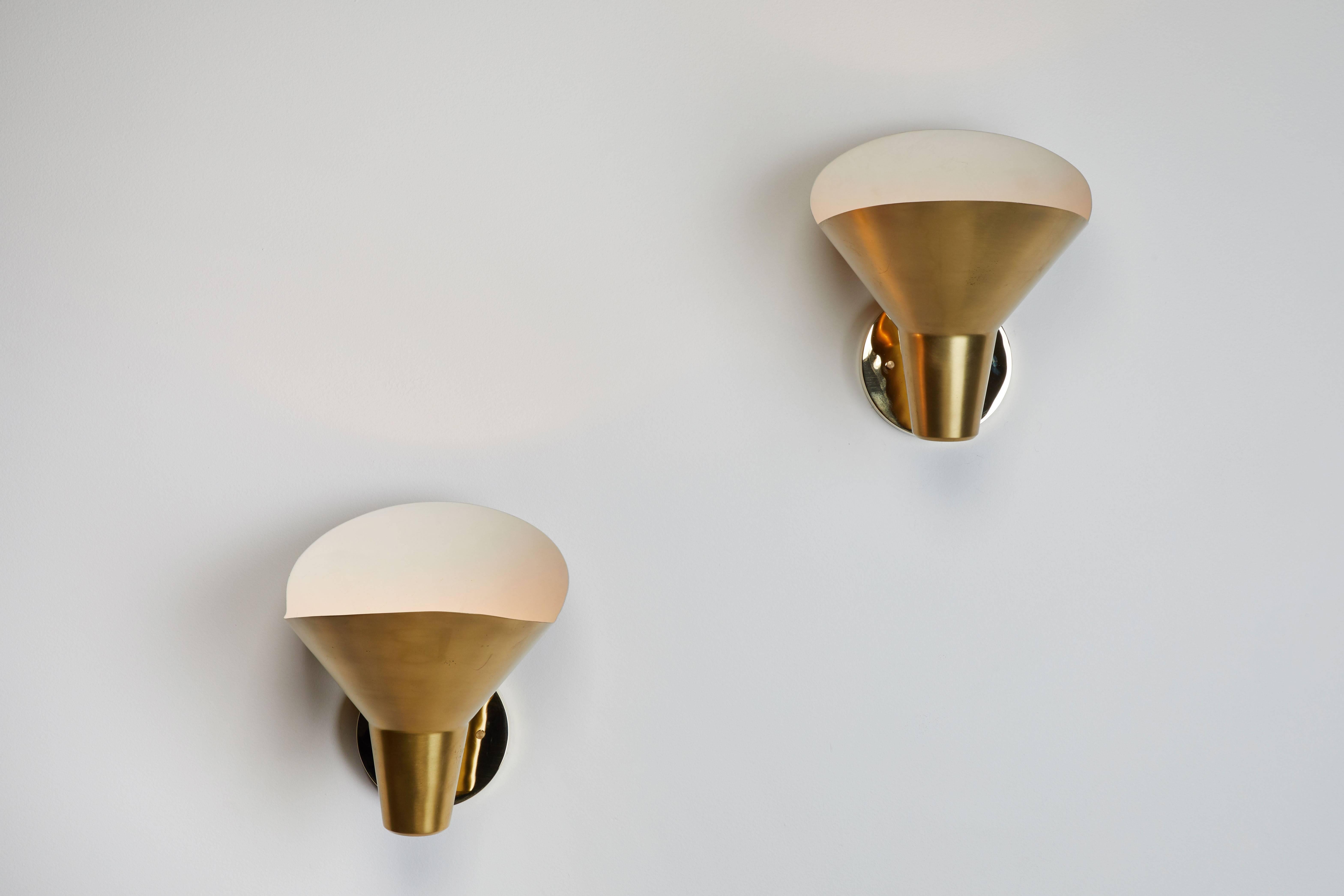 Four brass sconces by Hans Bergström for Atelje Lyktan. Designed in Sweden, circa 1940s. Wired for US junction boxes. Each sconce takes one E27 60w maximum bulb.