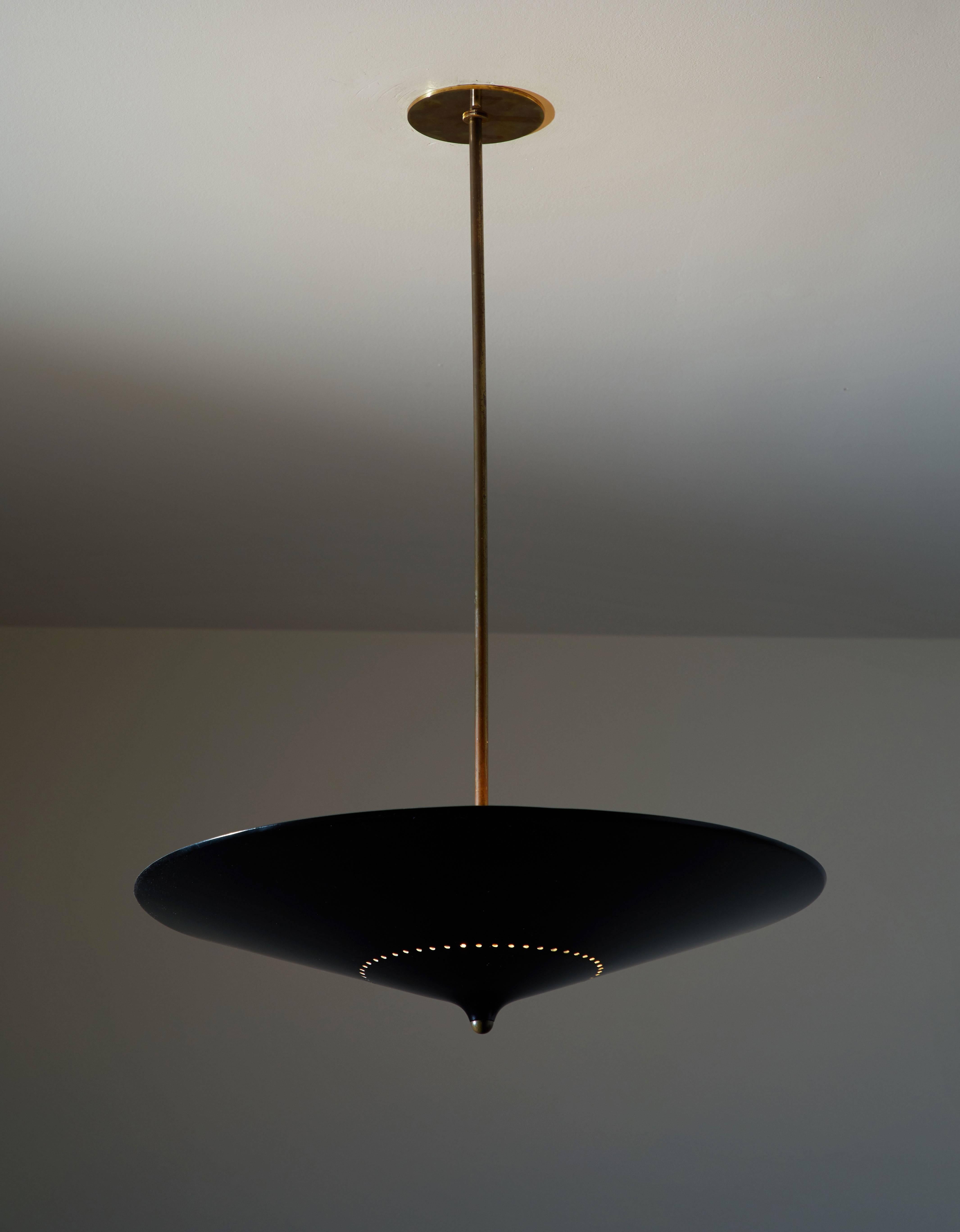 Flush mount pendant by Franco Buzzi for O-Luce designed in Italy, circa 1950s. Painted metal with perforations at bottom of fixture. Wired for US junction boxes. Takes four e27 40w maximum bulbs.