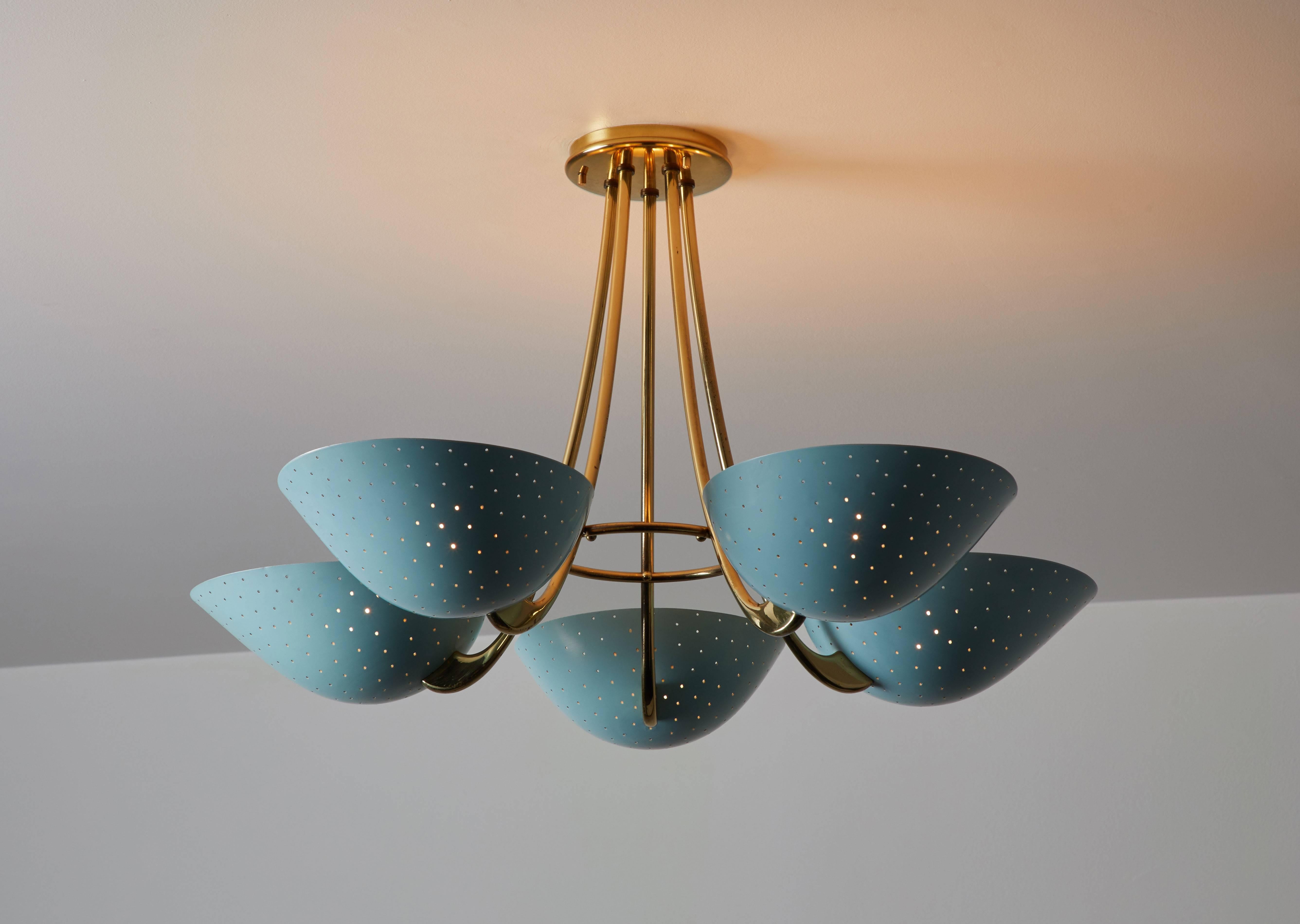 Rare five shade Swiss chandelier by Bag-Turgi, manufactured in Switzerland, circa 1950s. Original enameled metal and brass. Original paint color. Distinct perforations to each shade. Elegant brass armature mounted to each shade. Wired for US