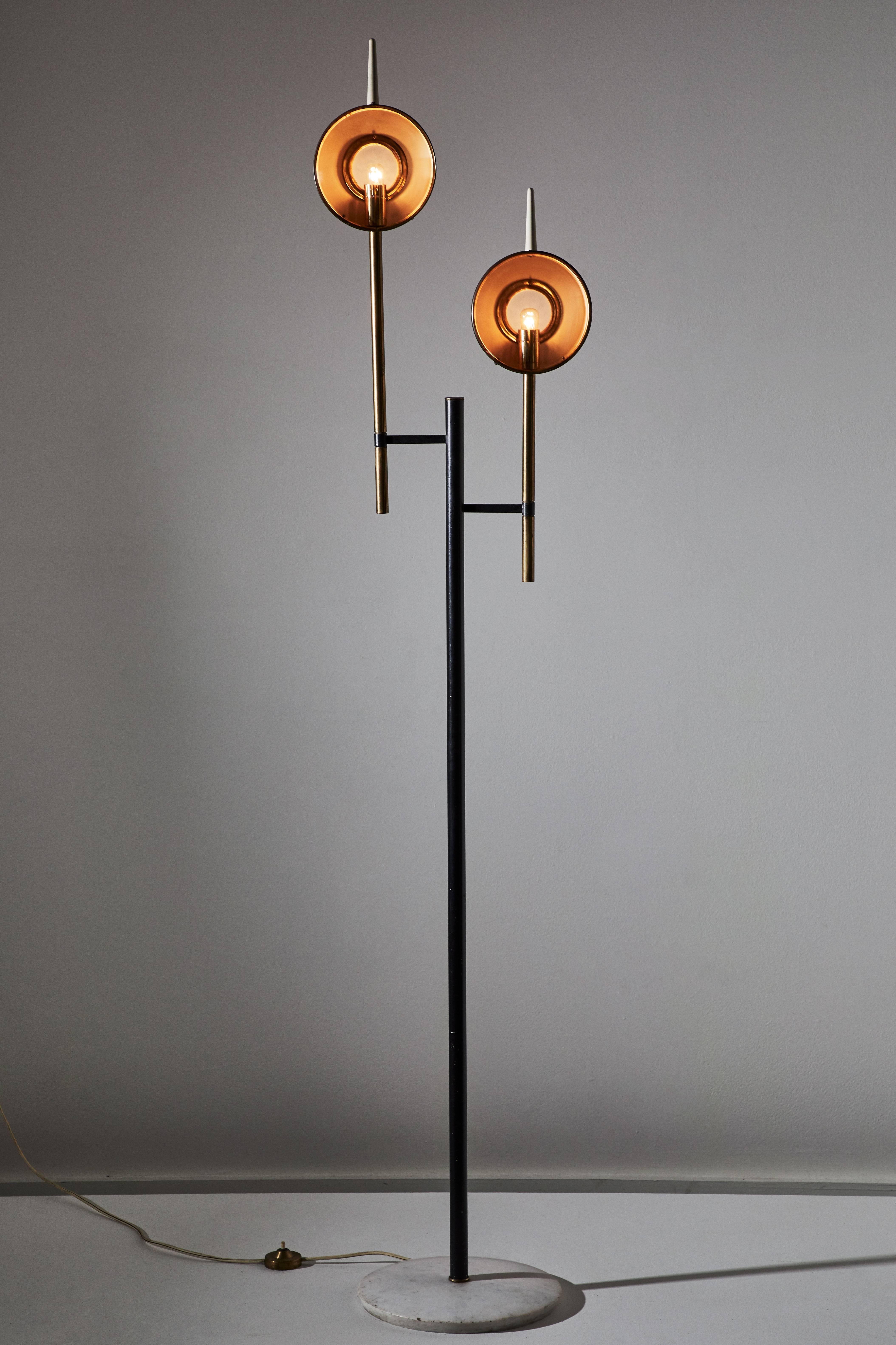 Rare floor lamp designed in the style of  Angelo Lelli for Arredoluce in Italy, circa 1950s. Enameled metal, brass, glass diffusers with marble base. Original cord with step switch. Each shade takes one E14 60w maximum bulb.