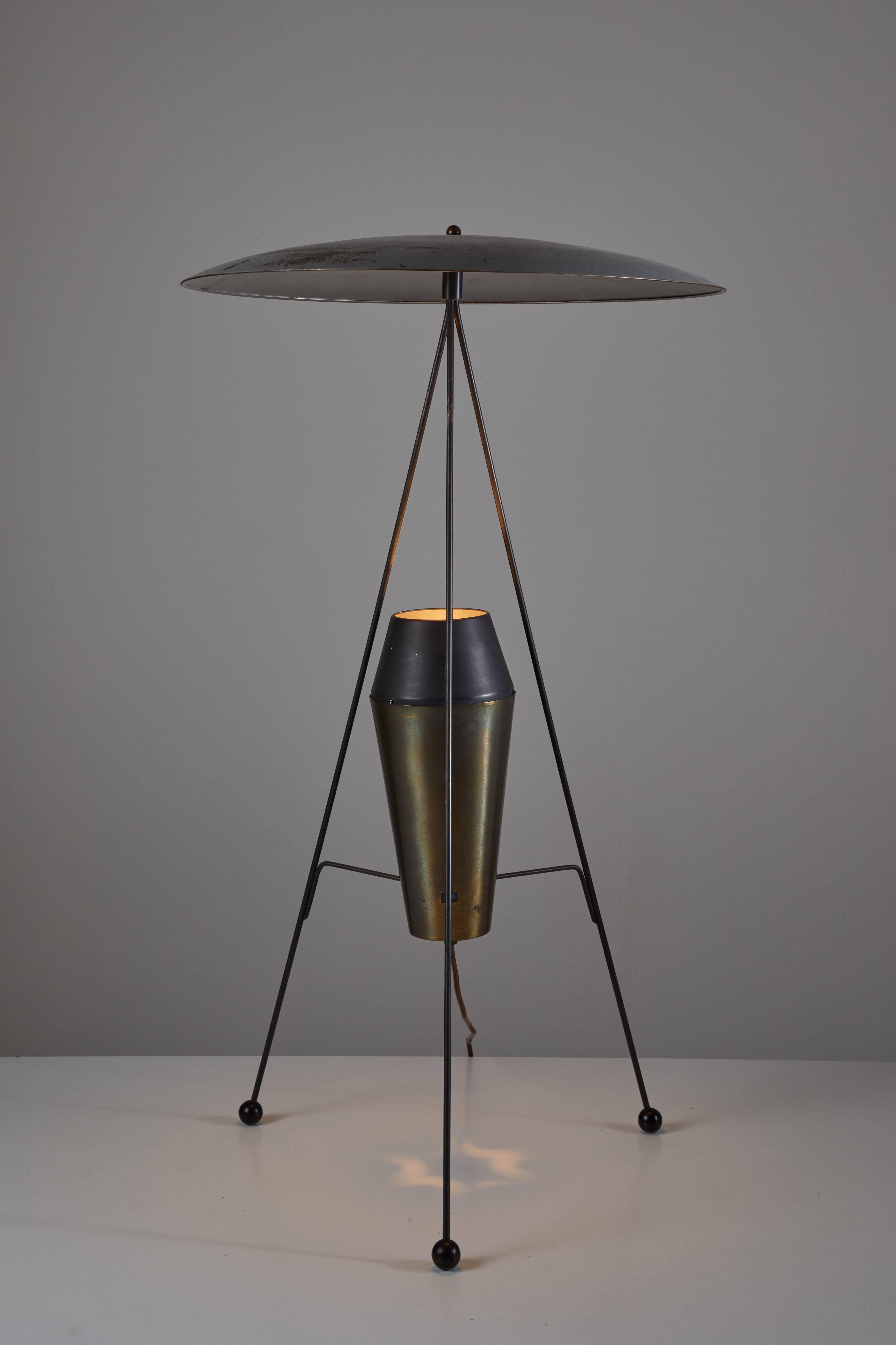 Model F-2 G floor lamp designed by A.W. and Marion Model Geller for Heifetz manufactured in USA in 1951. Aluminum, metal, rubber and enameled steel. Original cord. Takes one E26 100w maximum bulb. Literature: Arts and Architecture May 1951