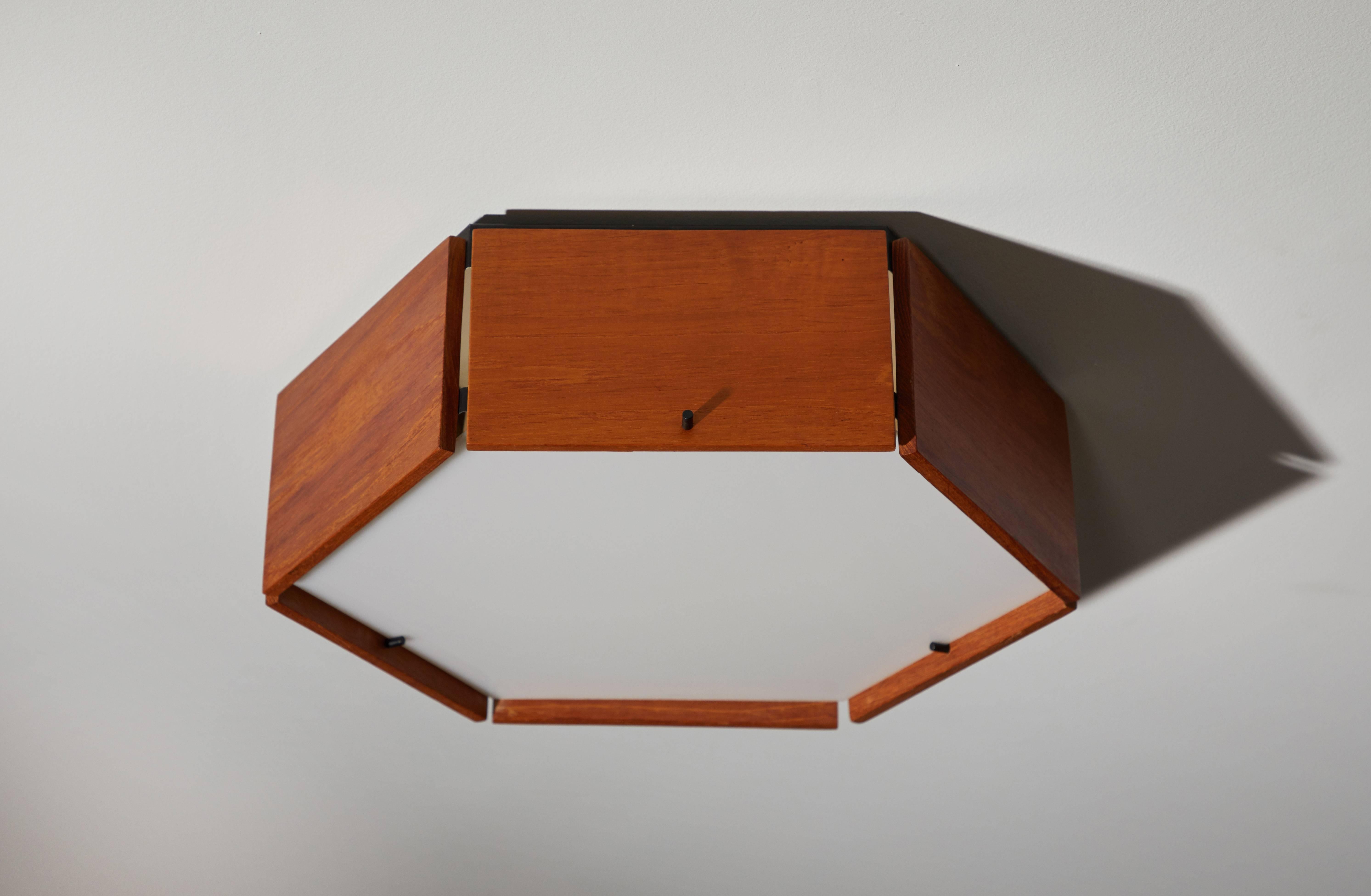 Two Teak and Acrylic Hexagonal Flushmount Ceiling Lights by Reggiani 1