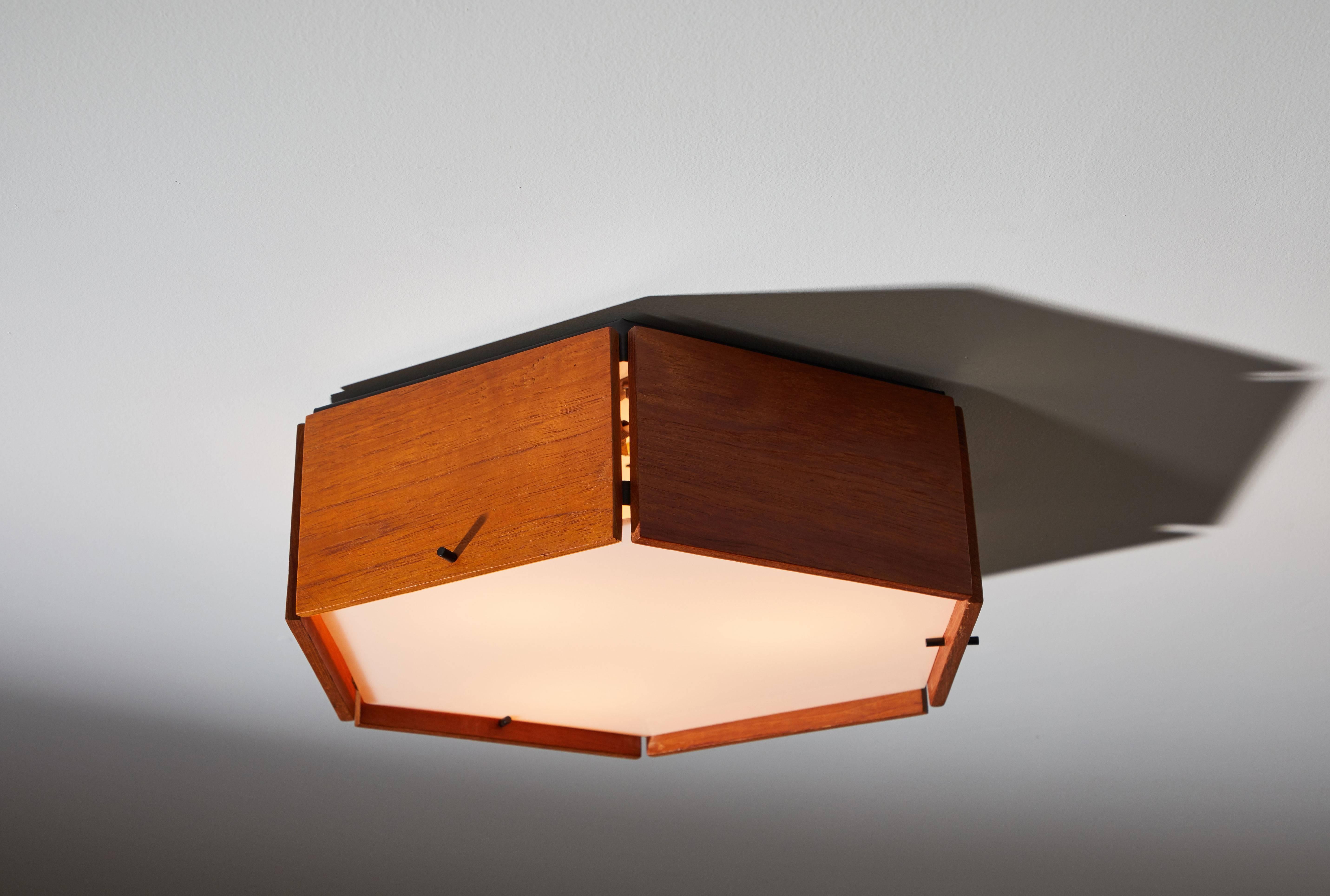 Italian Two Teak and Acrylic Hexagonal Flushmount Ceiling Lights by Reggiani