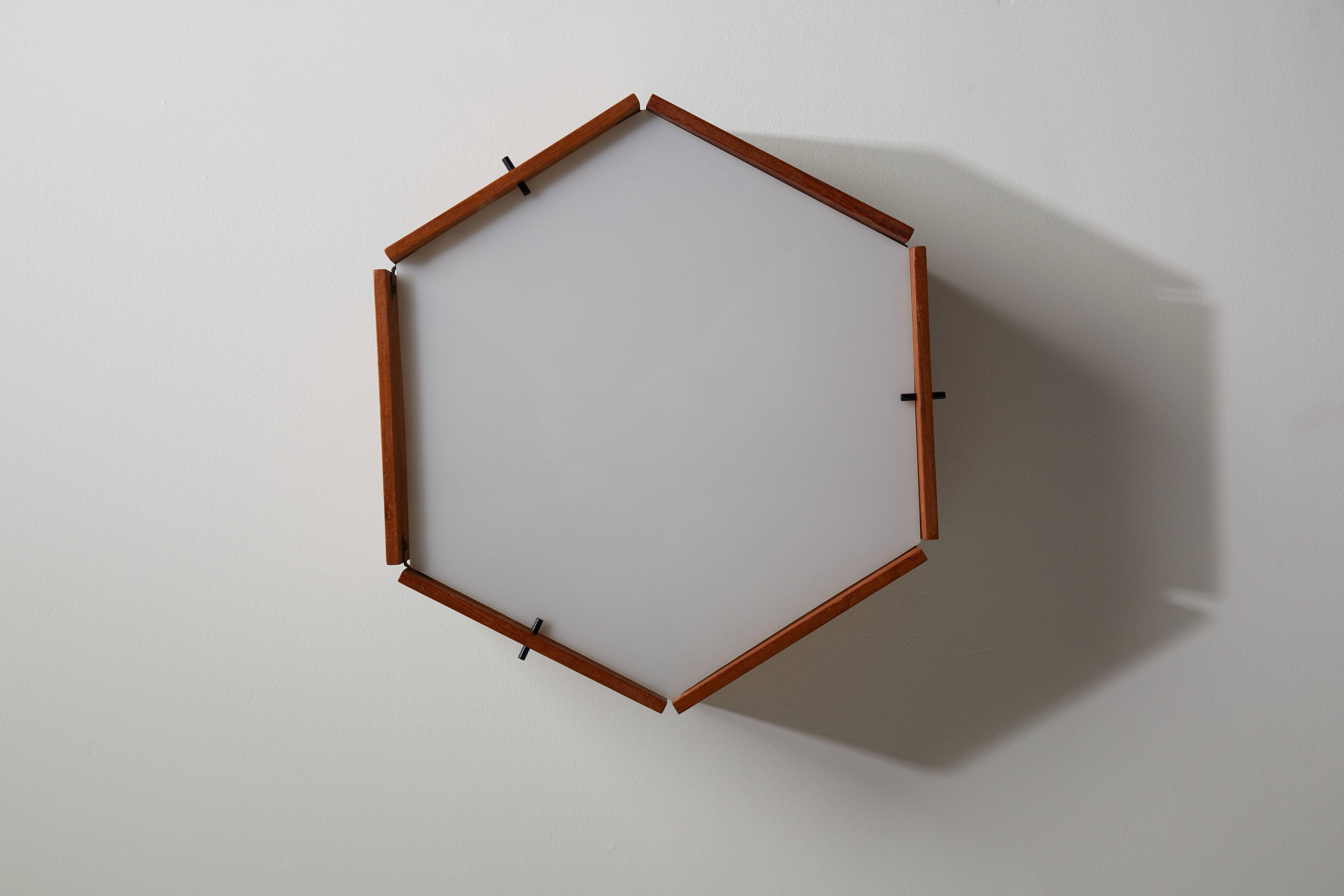 Mid-20th Century Two Teak and Acrylic Hexagonal Flushmount Ceiling Lights by Reggiani