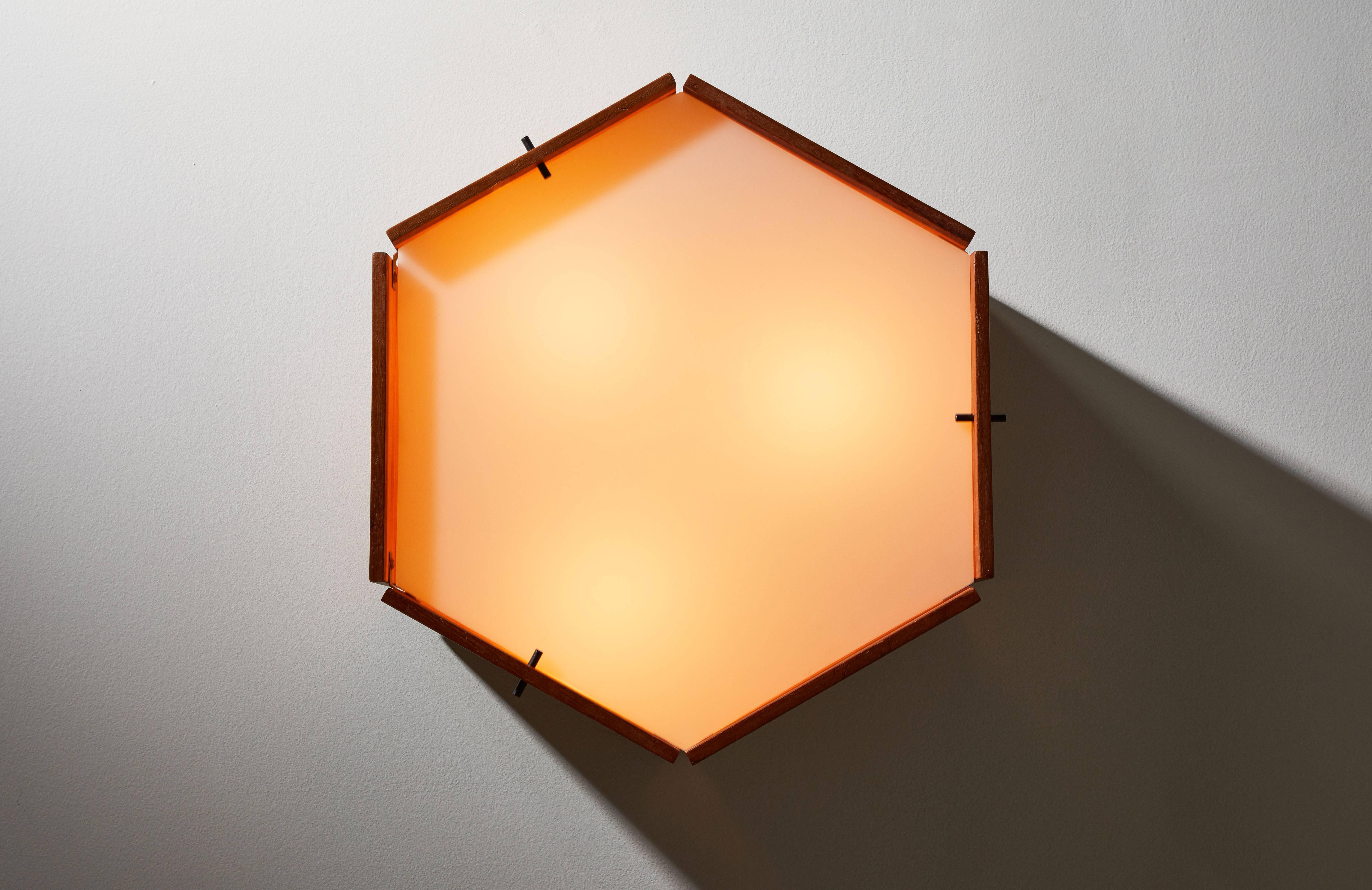 Two Teak and Acrylic Hexagonal Flushmount Ceiling Lights by Reggiani In Good Condition In Los Angeles, CA