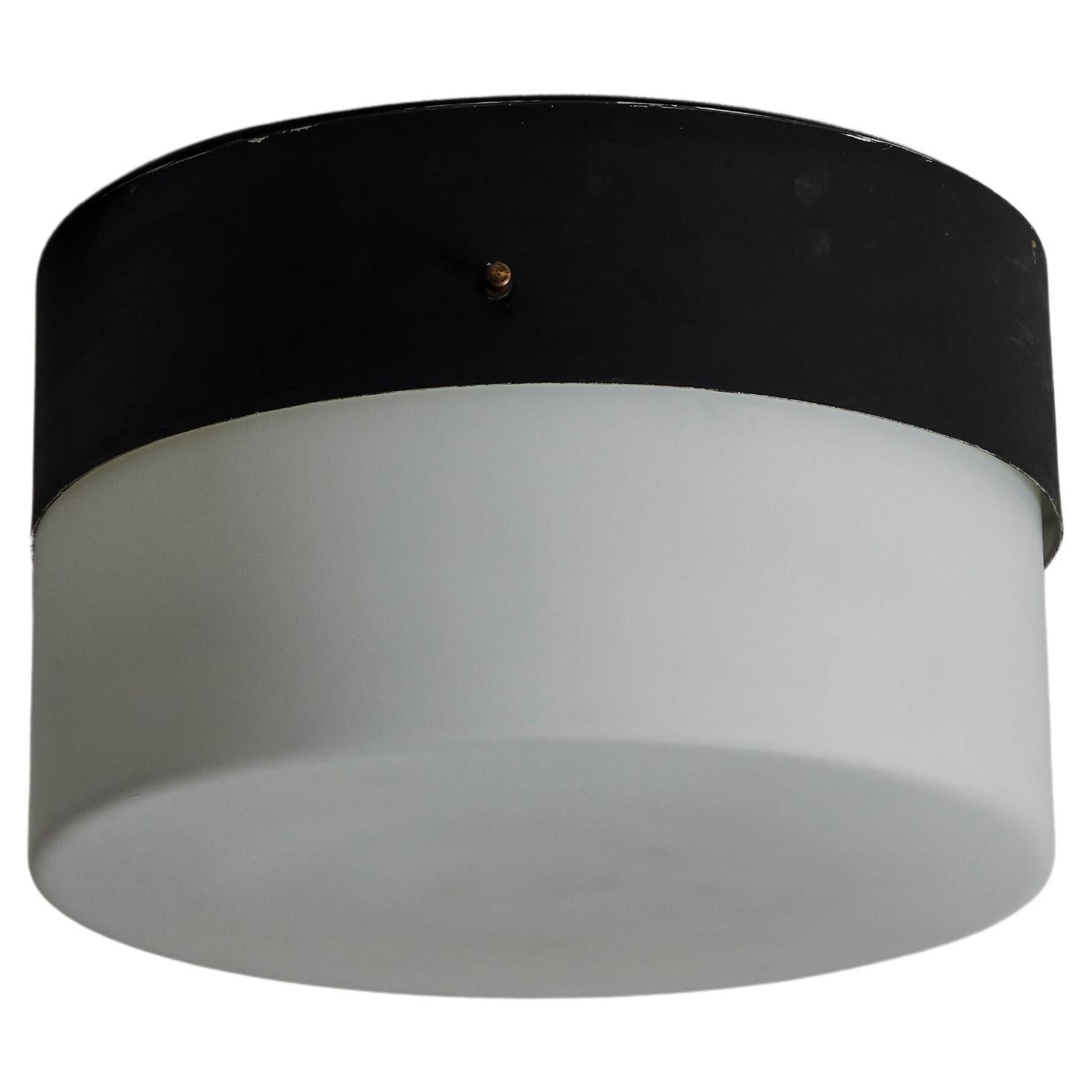 Flushmount ceiling light by Stilnovo. Manufactured in Italy, circa 1960s. Brass hardware, enameled aluminum, opaline glass diffusers. Wired for U.S. standards. We recommend three E27 60w maximum bulbs. Bulbs not includes. 
 

You can find the same