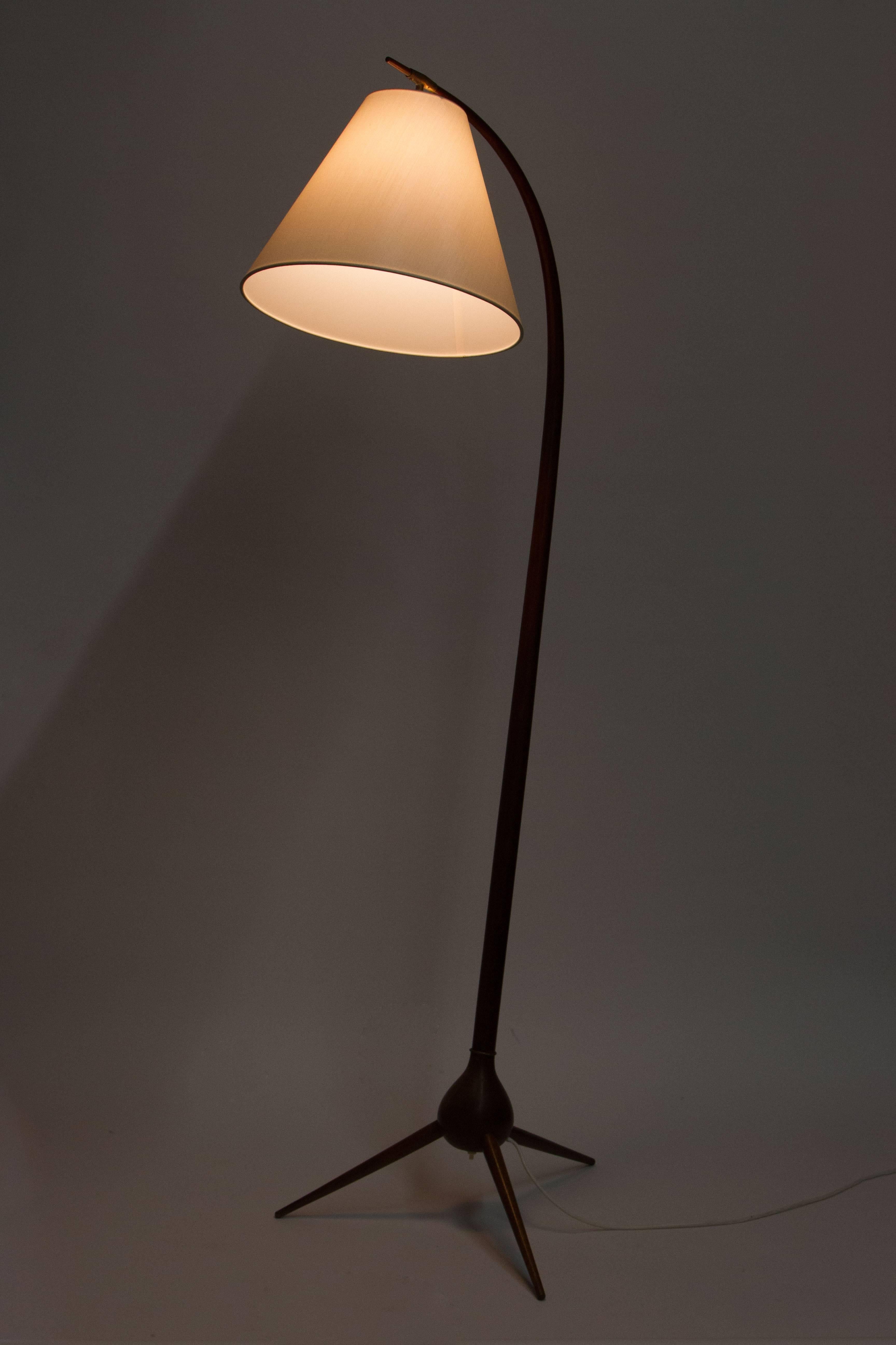 Floor lamp molded from stained beech, custom silk shade.