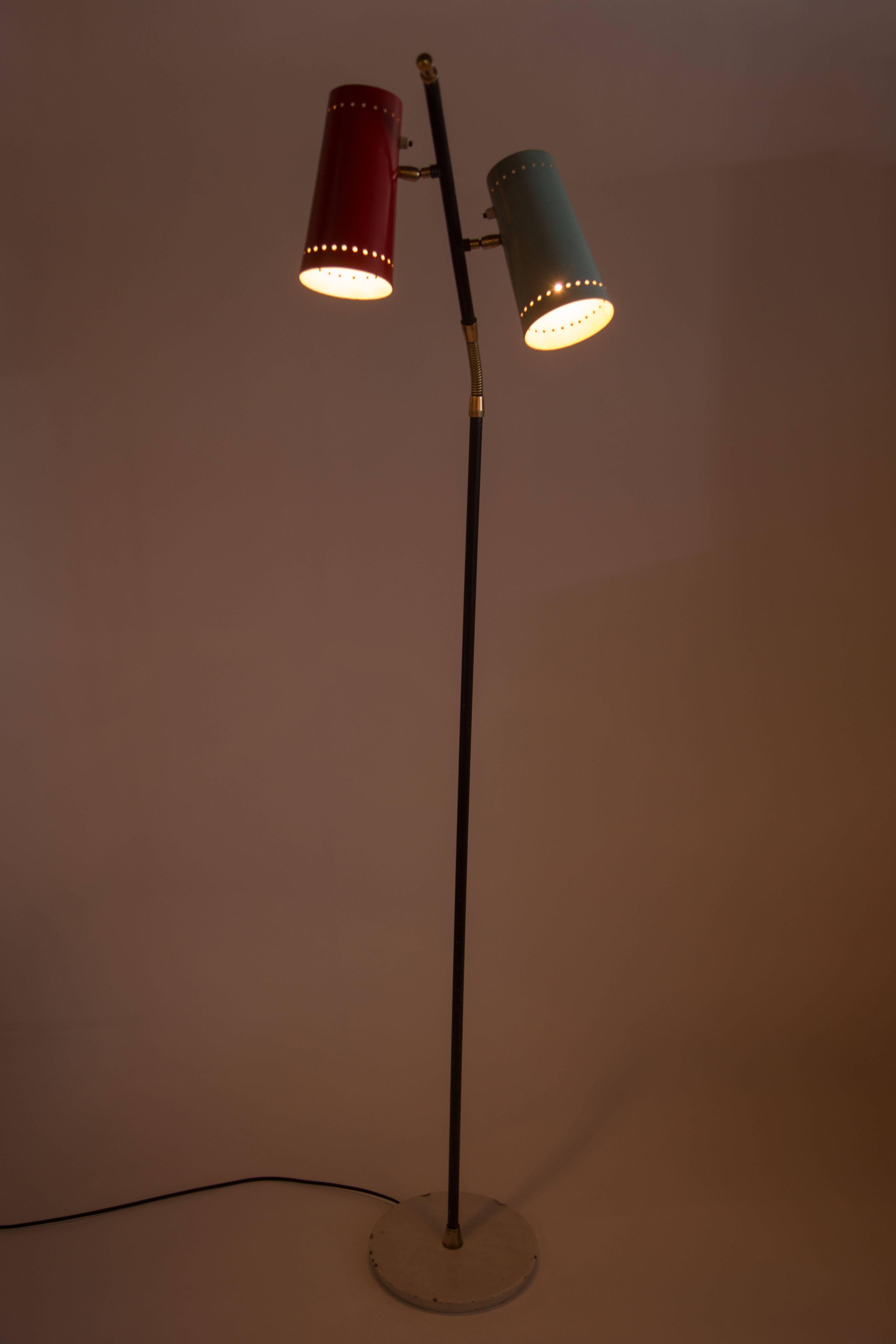 Floor lamp with two pivoting shades, adjustable brass goose neck and marble base designed by Stilux in Italy circa 1950's. Original cord. Takes two E27 75w maximum bulbs