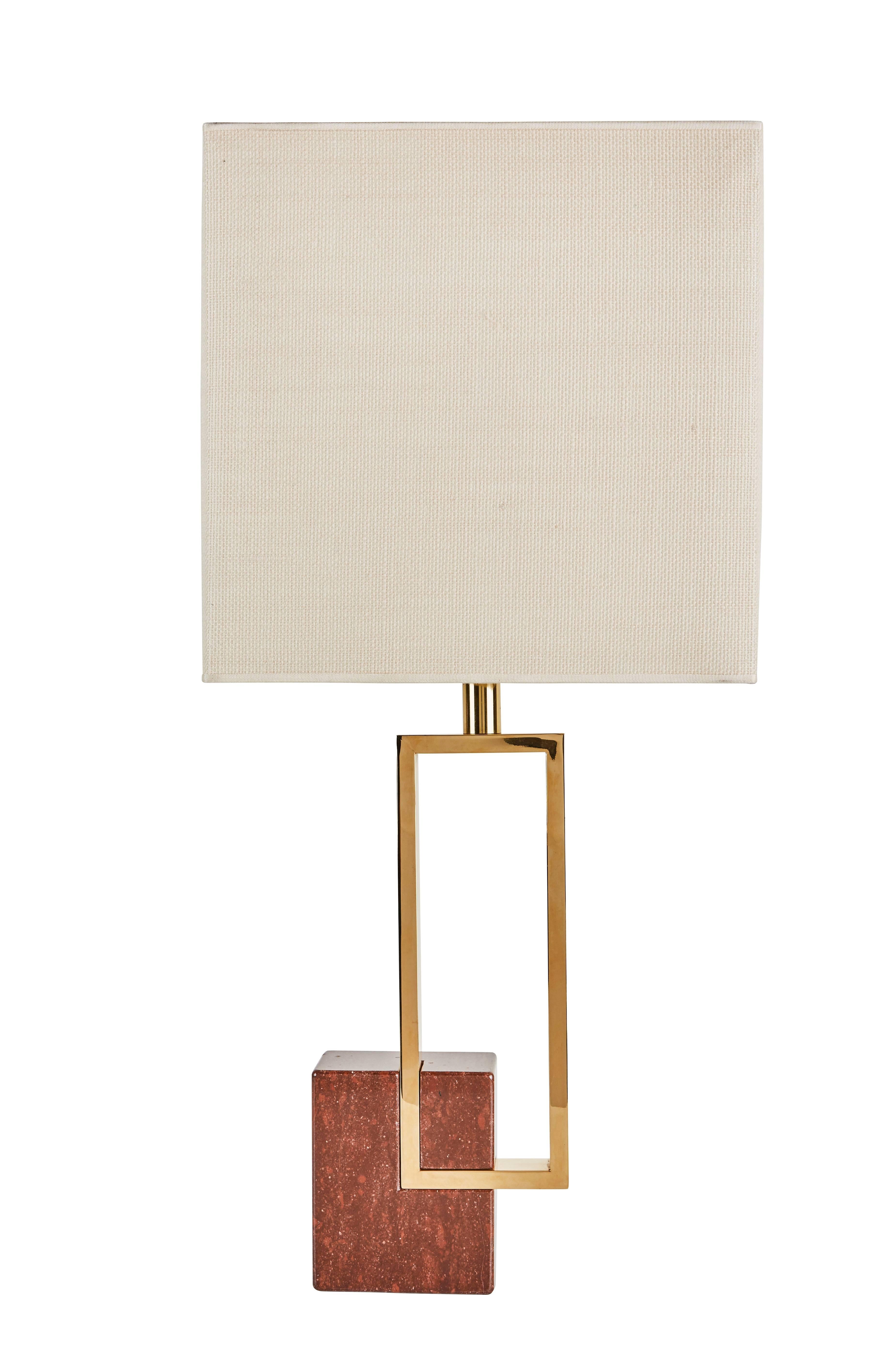 Pair of table lamps designed by Banci Firenze in Italy, circa 1970s. Marble and brass base with original burlap shades. Wired for US sockets. Each table lamp takes one E27 75w maximum bulb.