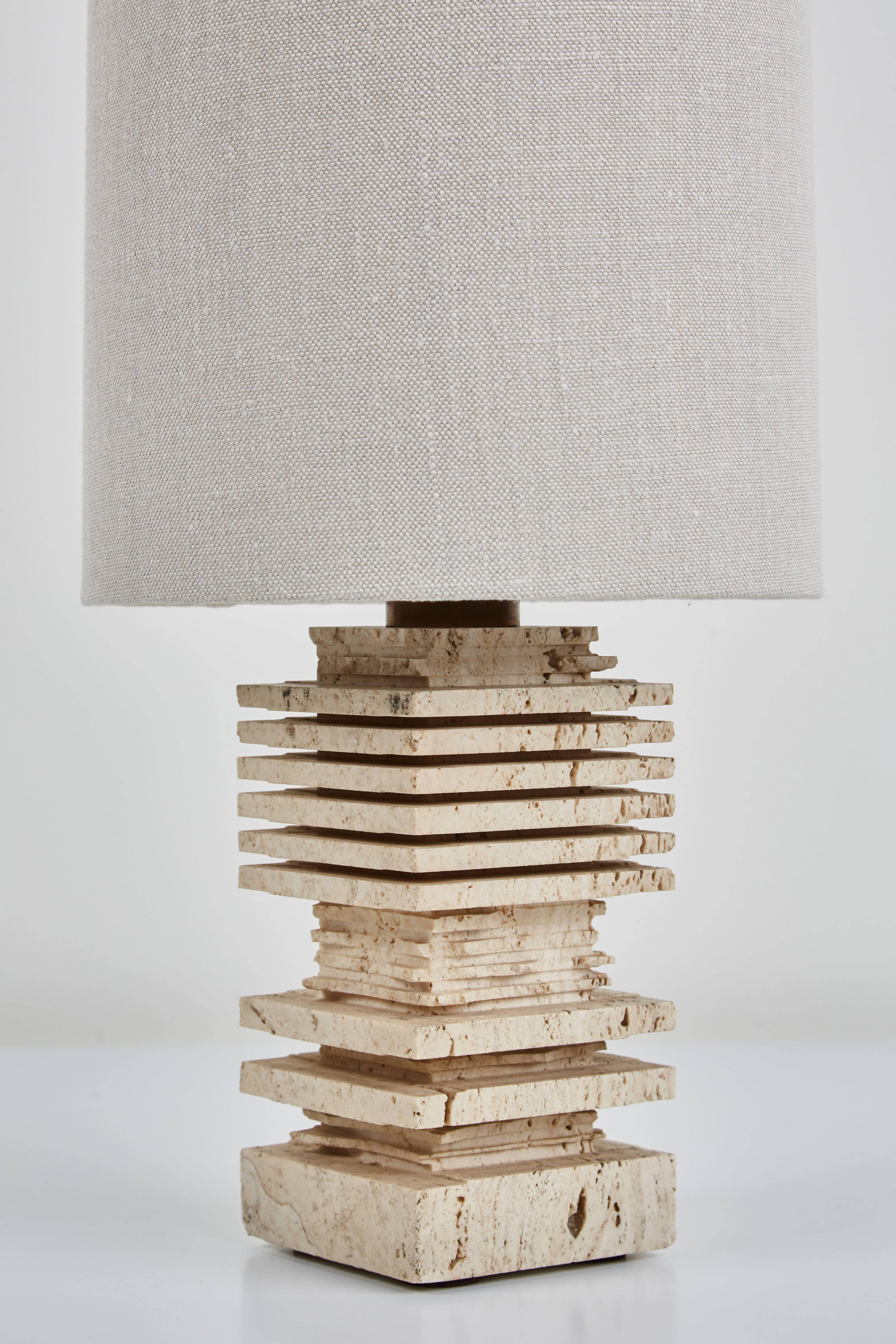 Mid-Century Modern Pair of Carved Italian Travertine Table Lamps