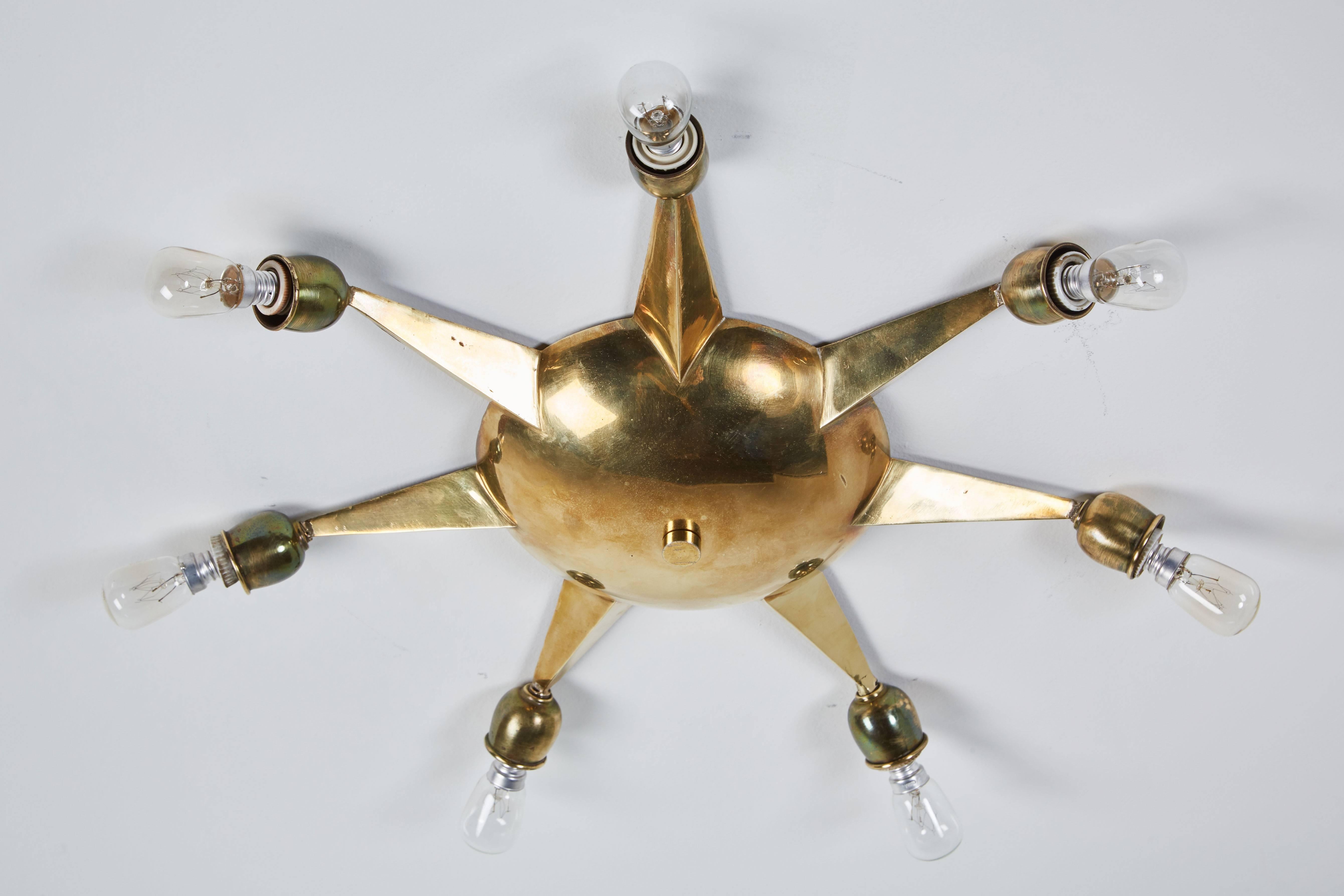 Italian Seven-Arm Brass Flush Mount Ceiling Light In Excellent Condition In Los Angeles, CA