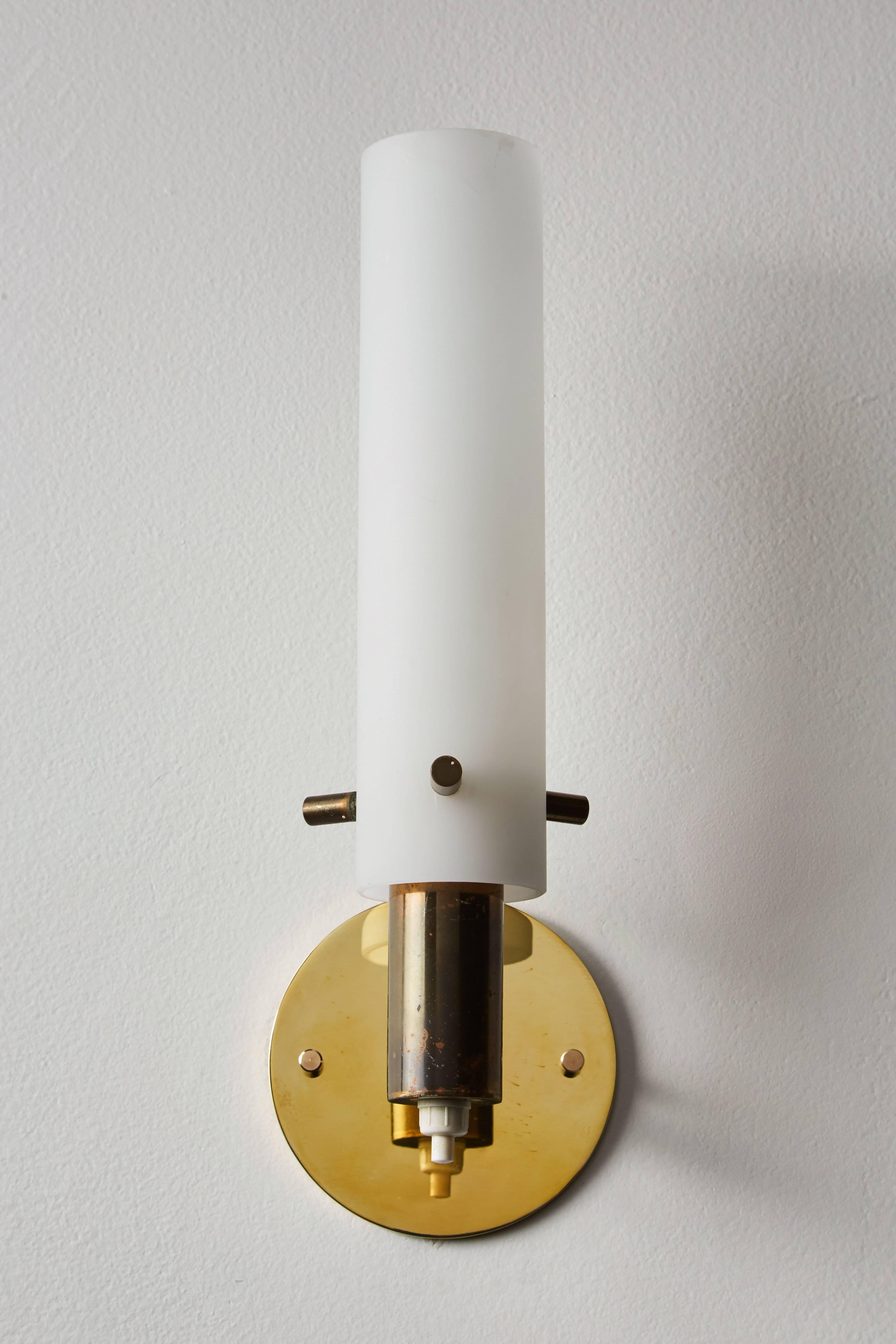 Mid-20th Century Pair of Brass and Satin Glass Italian Sconces