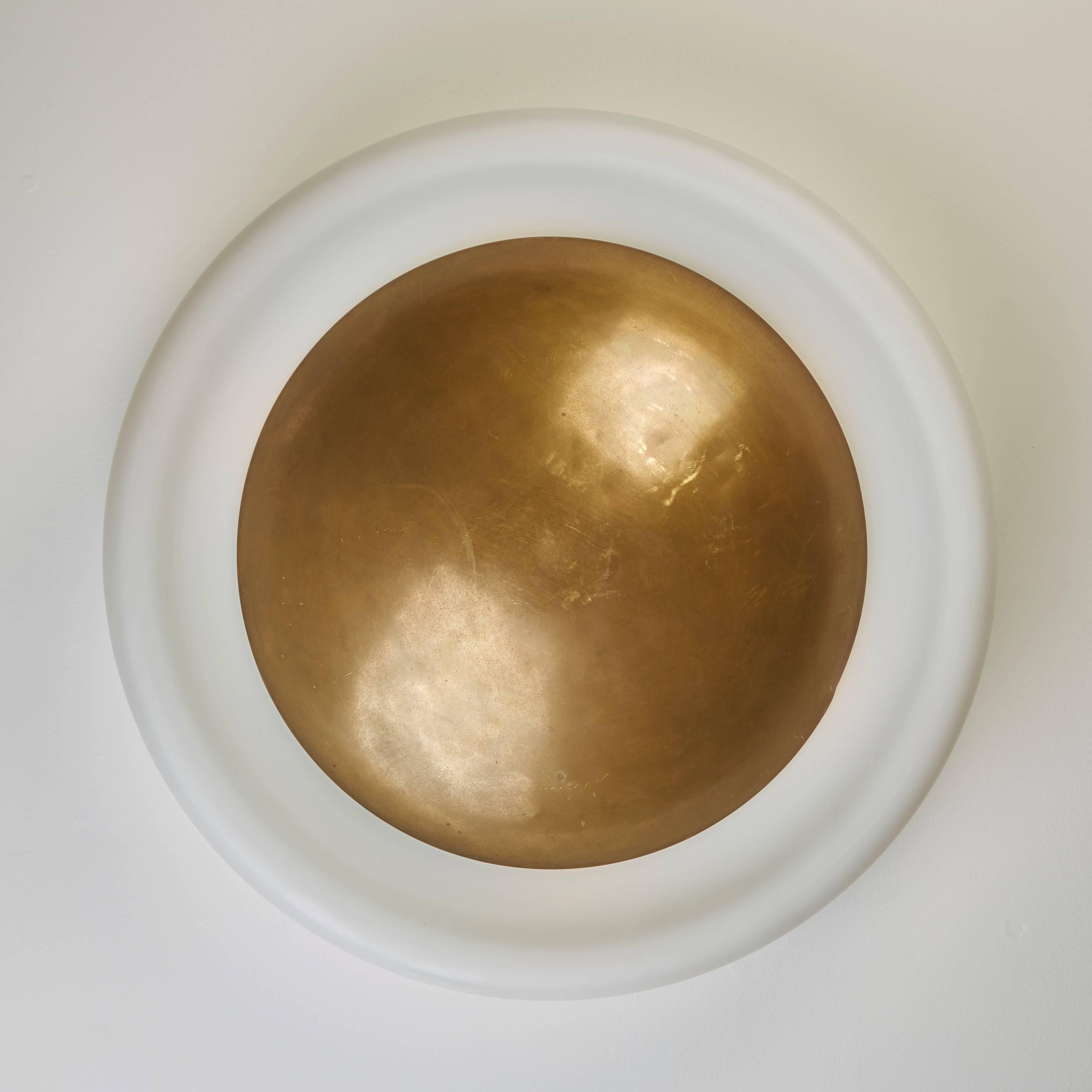 Mid-20th Century Brass and Opaline Glass Flush Mount Ceiling Light