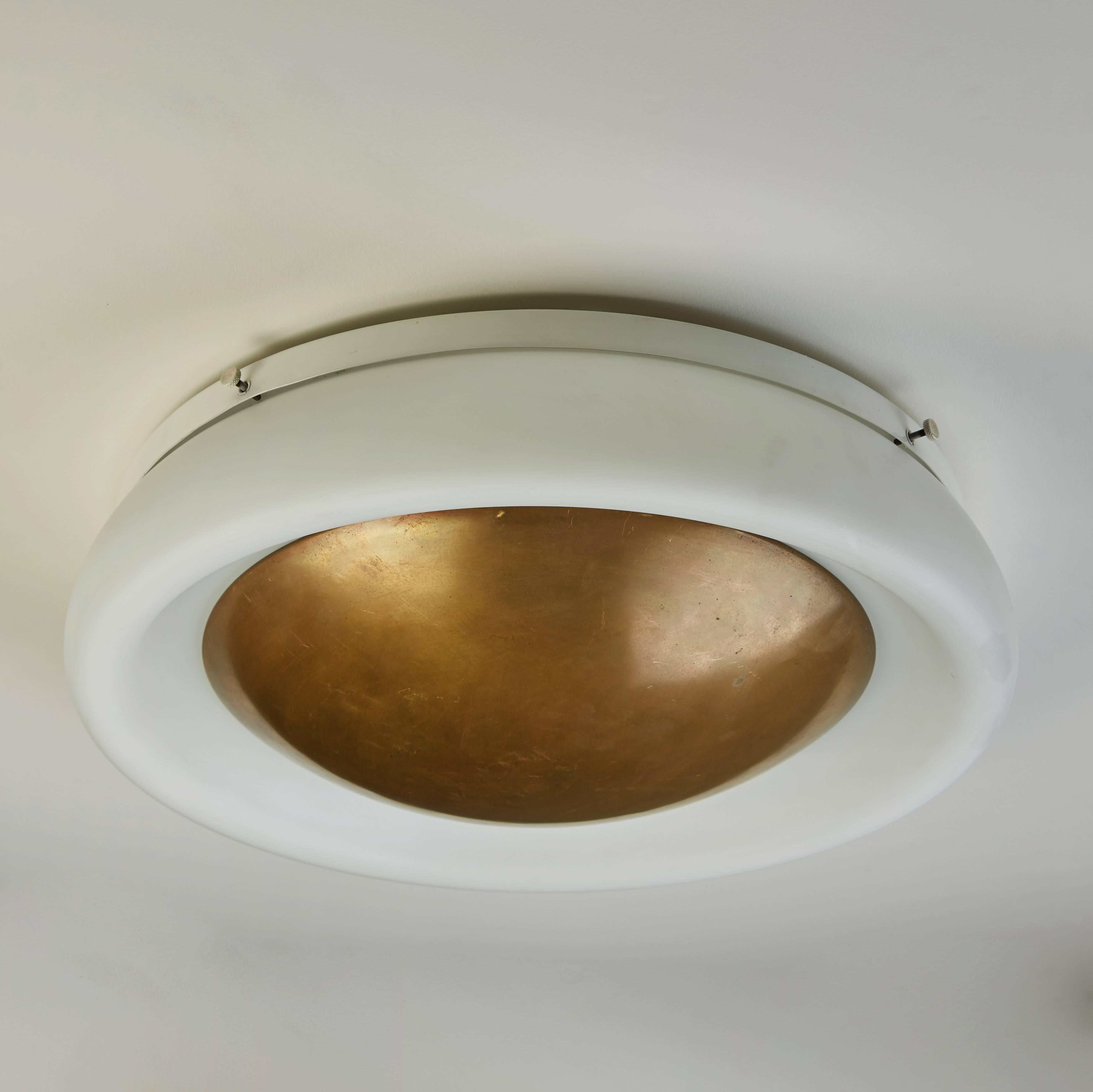 Brass and Opaline Glass Flush Mount Ceiling Light In Excellent Condition In Los Angeles, CA