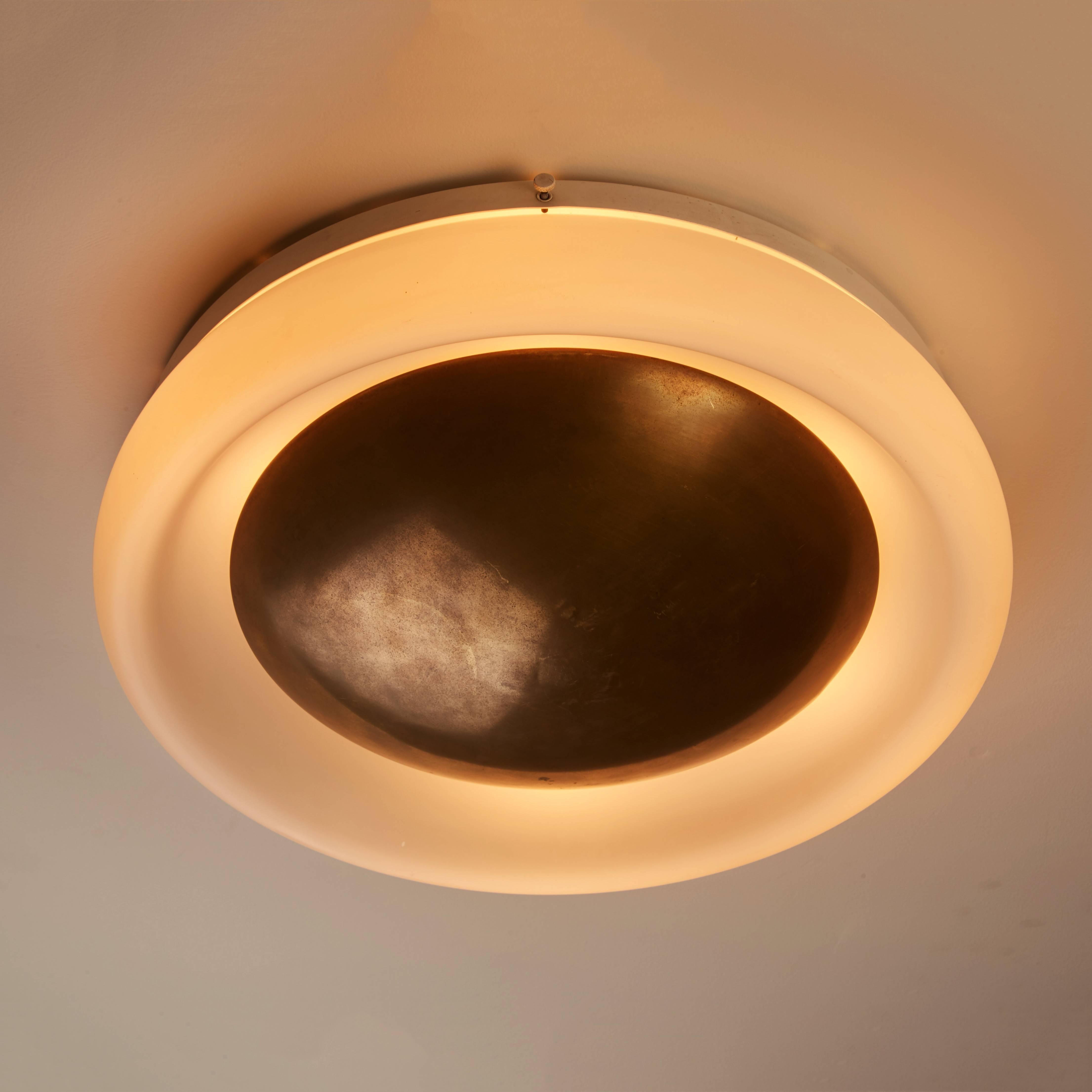 Italian Brass and Opaline Glass Flush Mount Ceiling Light