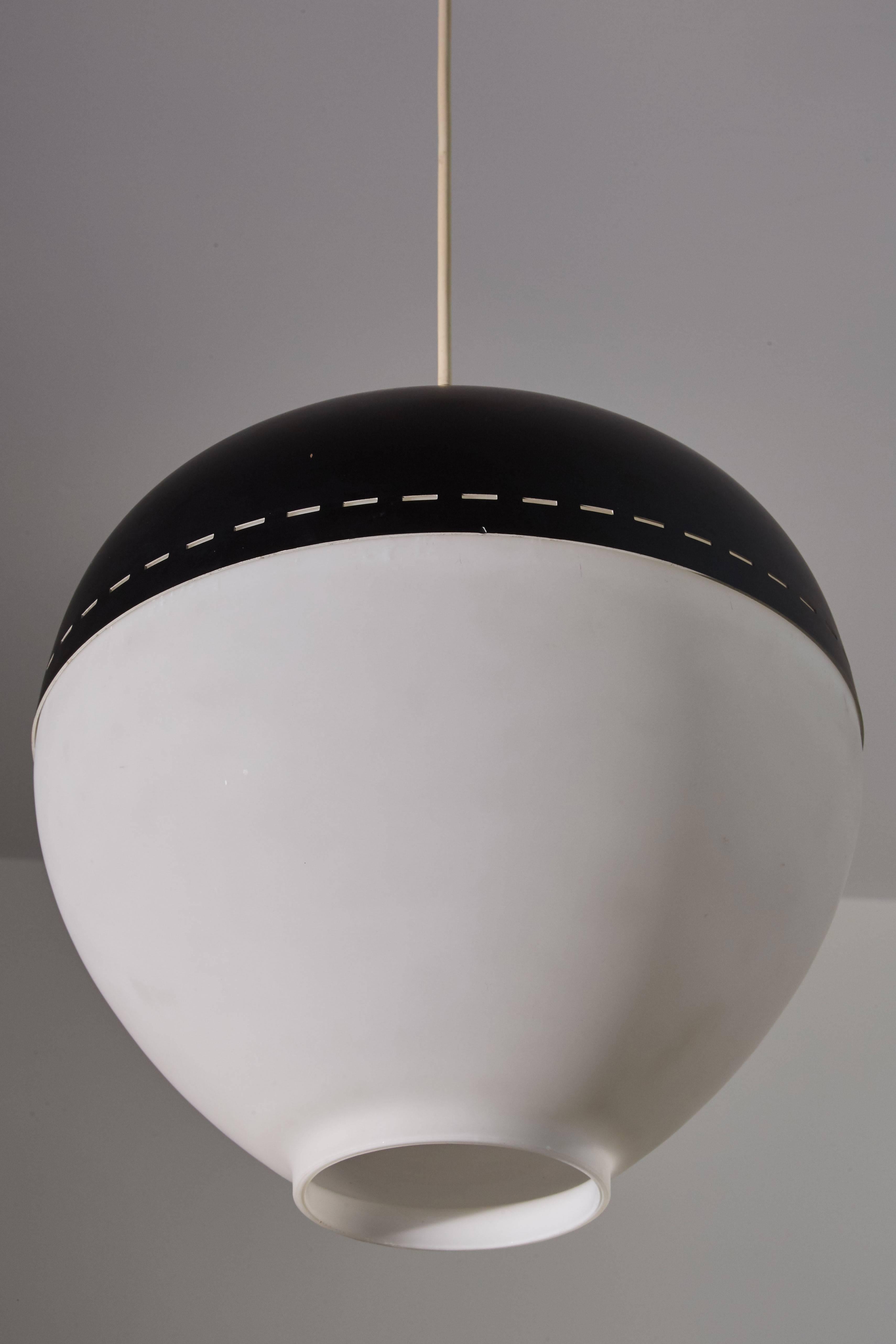 Italian Satin Glass and Perforated Metal Pendant by Stilnovo