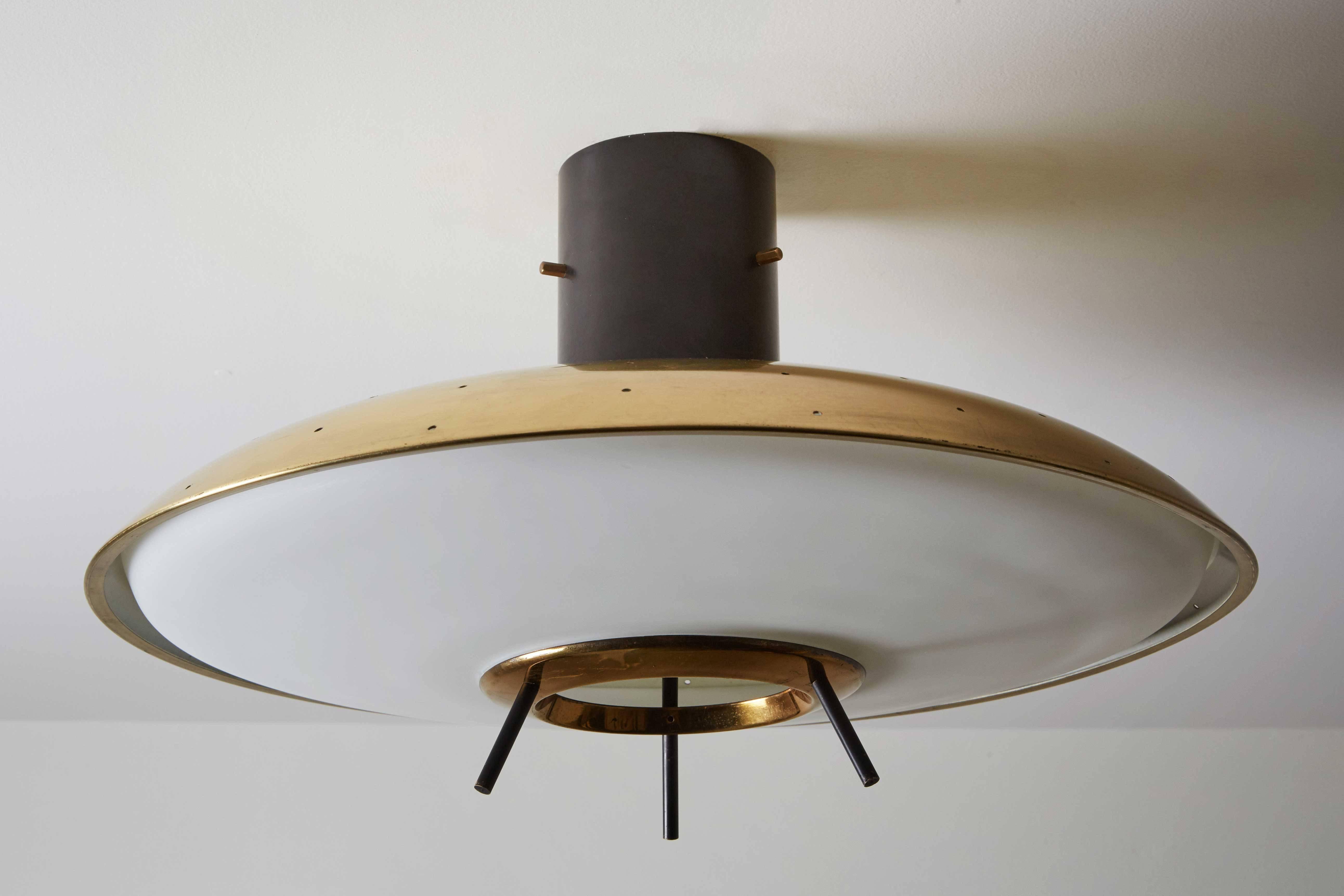 Italian Original Stilnovo Brass and Satin Glass Flush Mount Ceiling Light